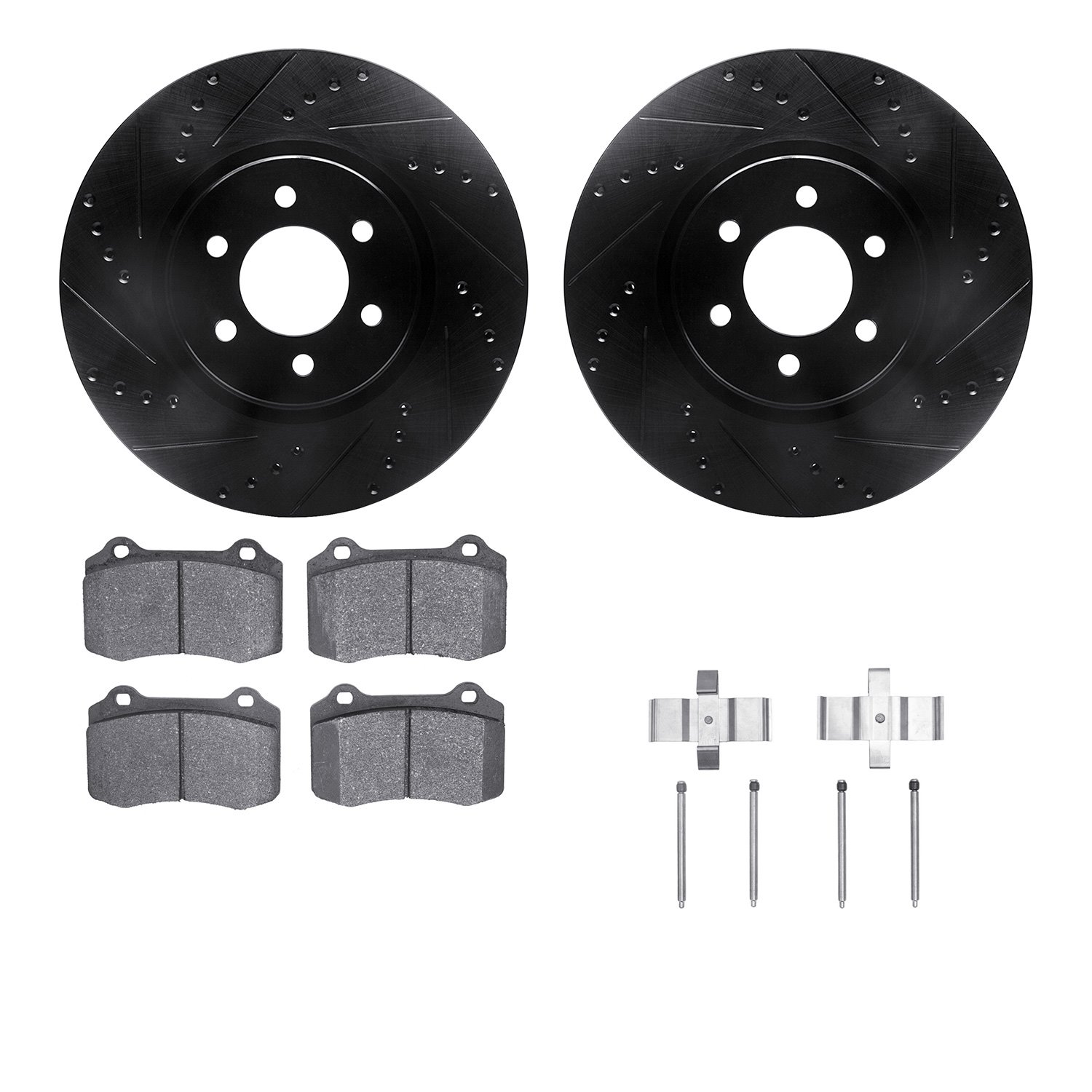 8512-40018 Drilled/Slotted Brake Rotors w/5000 Advanced Brake Pads Kit & Hardware [Black], 1992-2002 Mopar, Position: Front