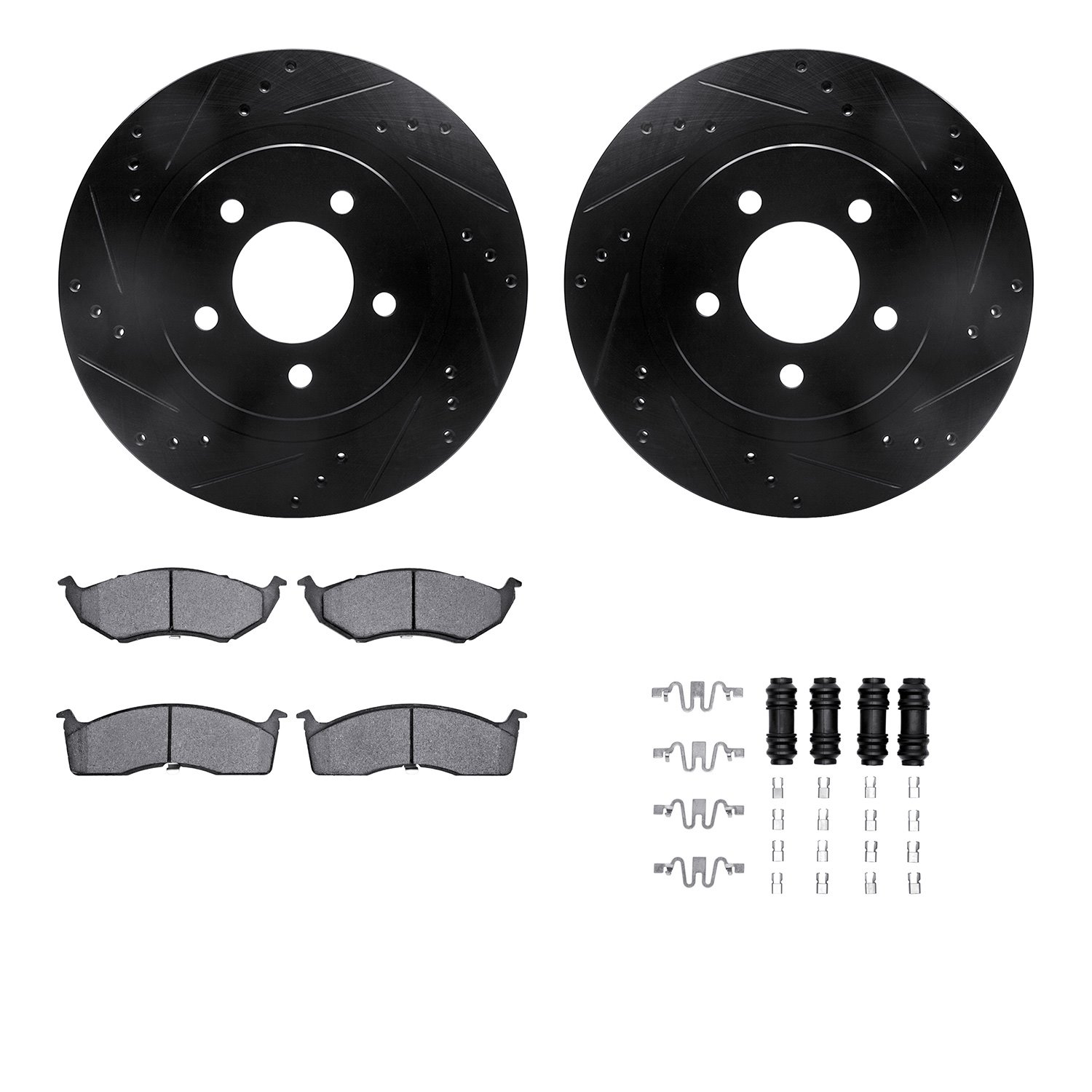 8512-40023 Drilled/Slotted Brake Rotors w/5000 Advanced Brake Pads Kit & Hardware [Black], 1998-2004 Mopar, Position: Front