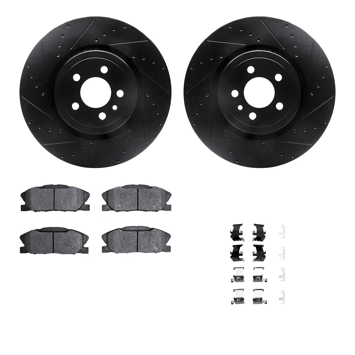 8512-40031 Drilled/Slotted Brake Rotors w/5000 Advanced Brake Pads Kit & Hardware [Black], Fits Select Mopar, Position: Front