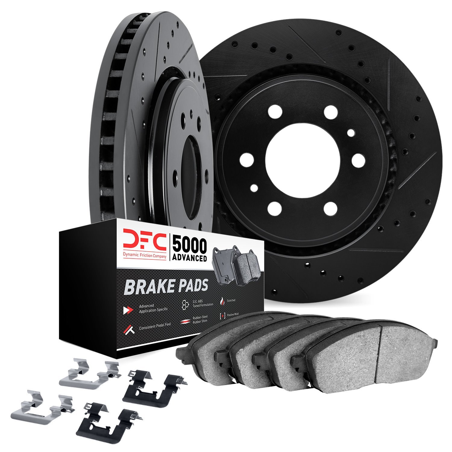 8512-40049 Drilled/Slotted Brake Rotors w/5000 Advanced Brake Pads Kit & Hardware [Black], Fits Select Mopar, Position: Rear