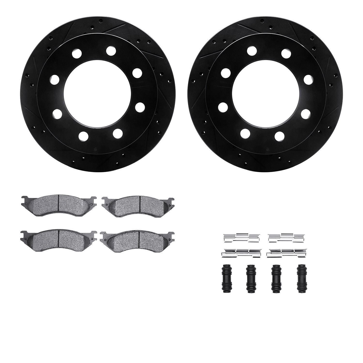 8512-40068 Drilled/Slotted Brake Rotors w/5000 Advanced Brake Pads Kit & Hardware [Black], 2000-2002 Mopar, Position: Rear