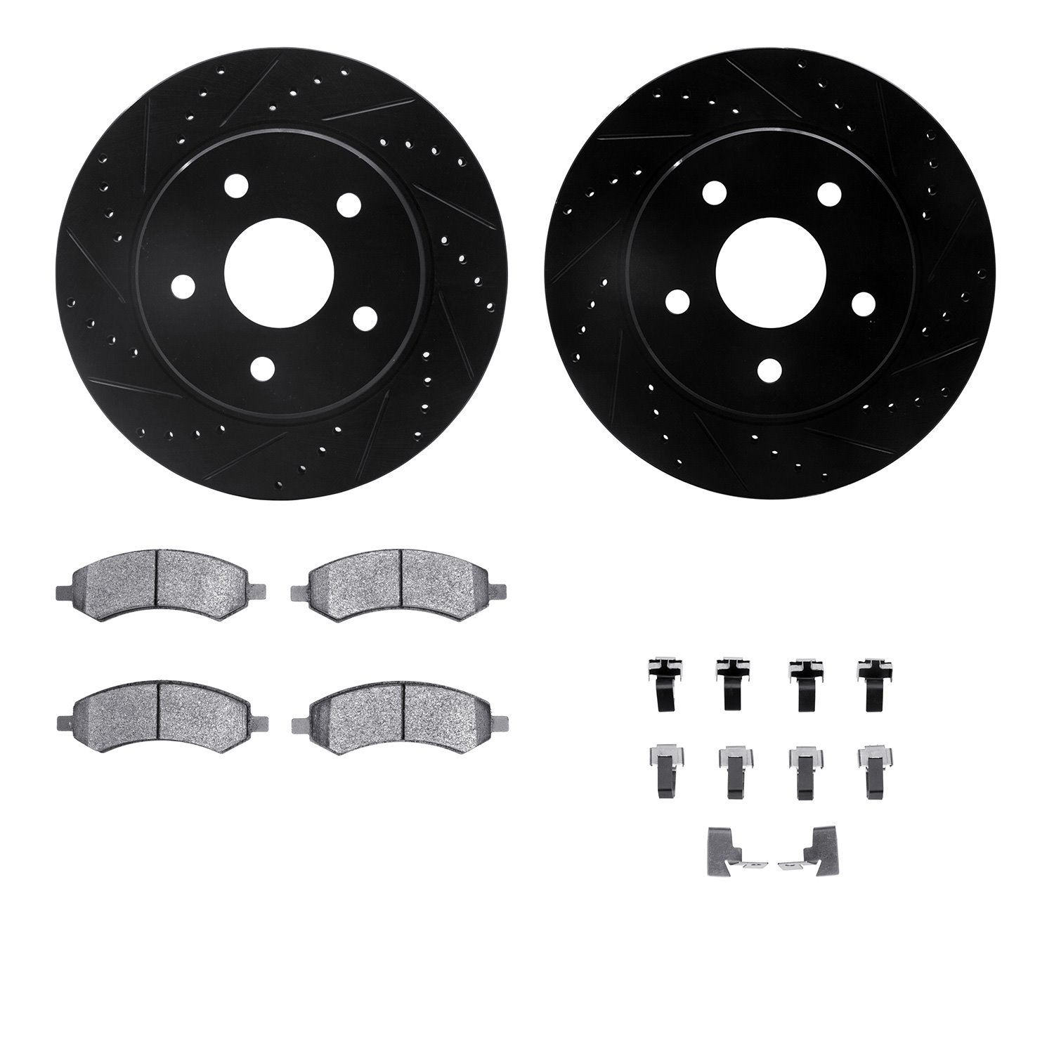 8512-40090 Drilled/Slotted Brake Rotors w/5000 Advanced Brake Pads Kit & Hardware [Black], 2006-2018 Mopar, Position: Front