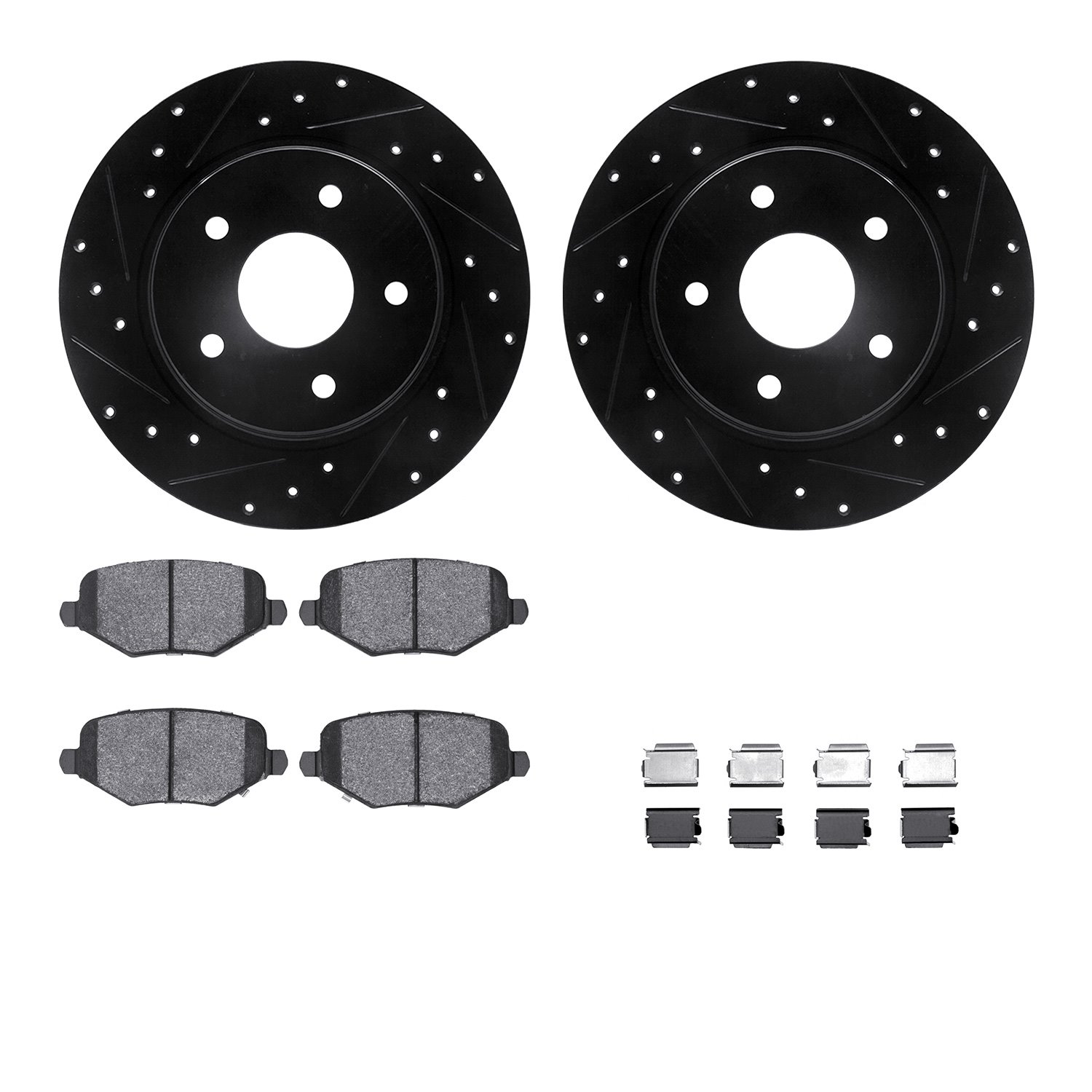 8512-40097 Drilled/Slotted Brake Rotors w/5000 Advanced Brake Pads Kit & Hardware [Black], 2009-2014 Multiple Makes/Models, Posi
