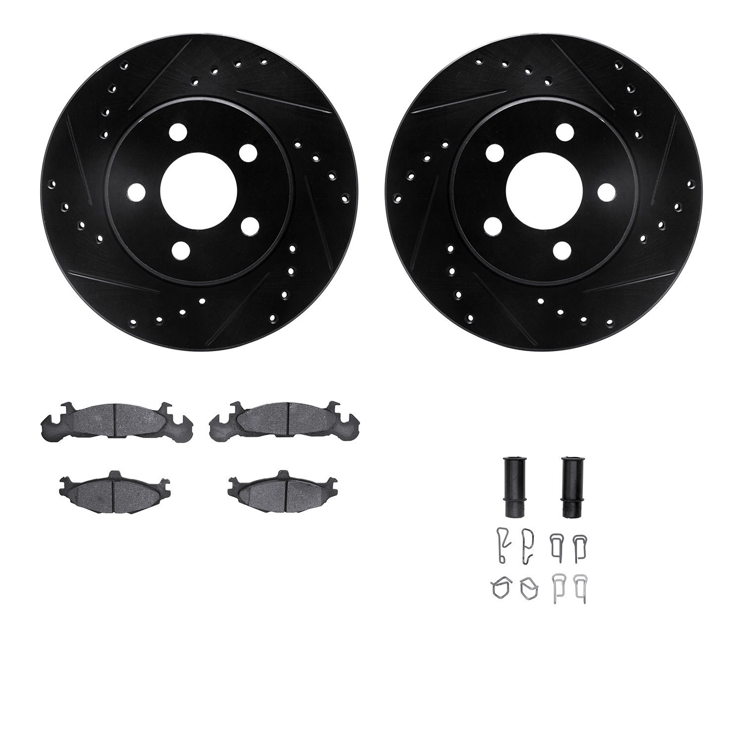 8512-40197 Drilled/Slotted Brake Rotors w/5000 Advanced Brake Pads Kit & Hardware [Black], 1989-1989 Mopar, Position: Front