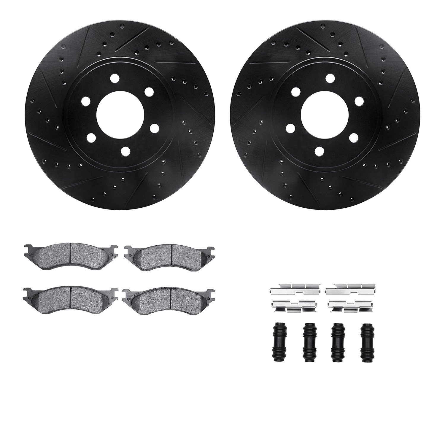 8512-40444 Drilled/Slotted Brake Rotors w/5000 Advanced Brake Pads Kit & Hardware [Black], 2003-2003 Mopar, Position: Front