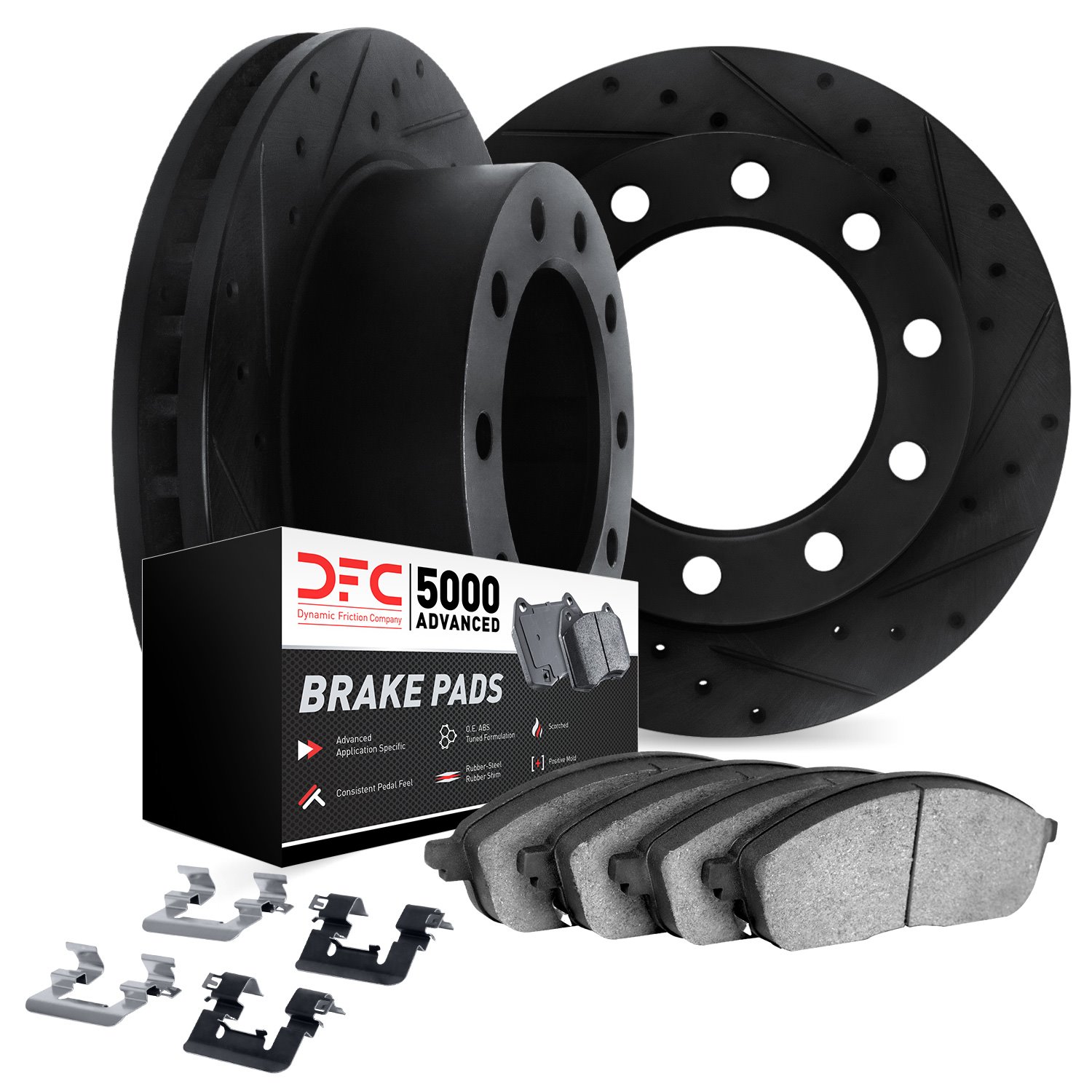 8512-40474 Drilled/Slotted Brake Rotors w/5000 Advanced Brake Pads Kit & Hardware [Black], 2008-2021 Multiple Makes/Models, Posi
