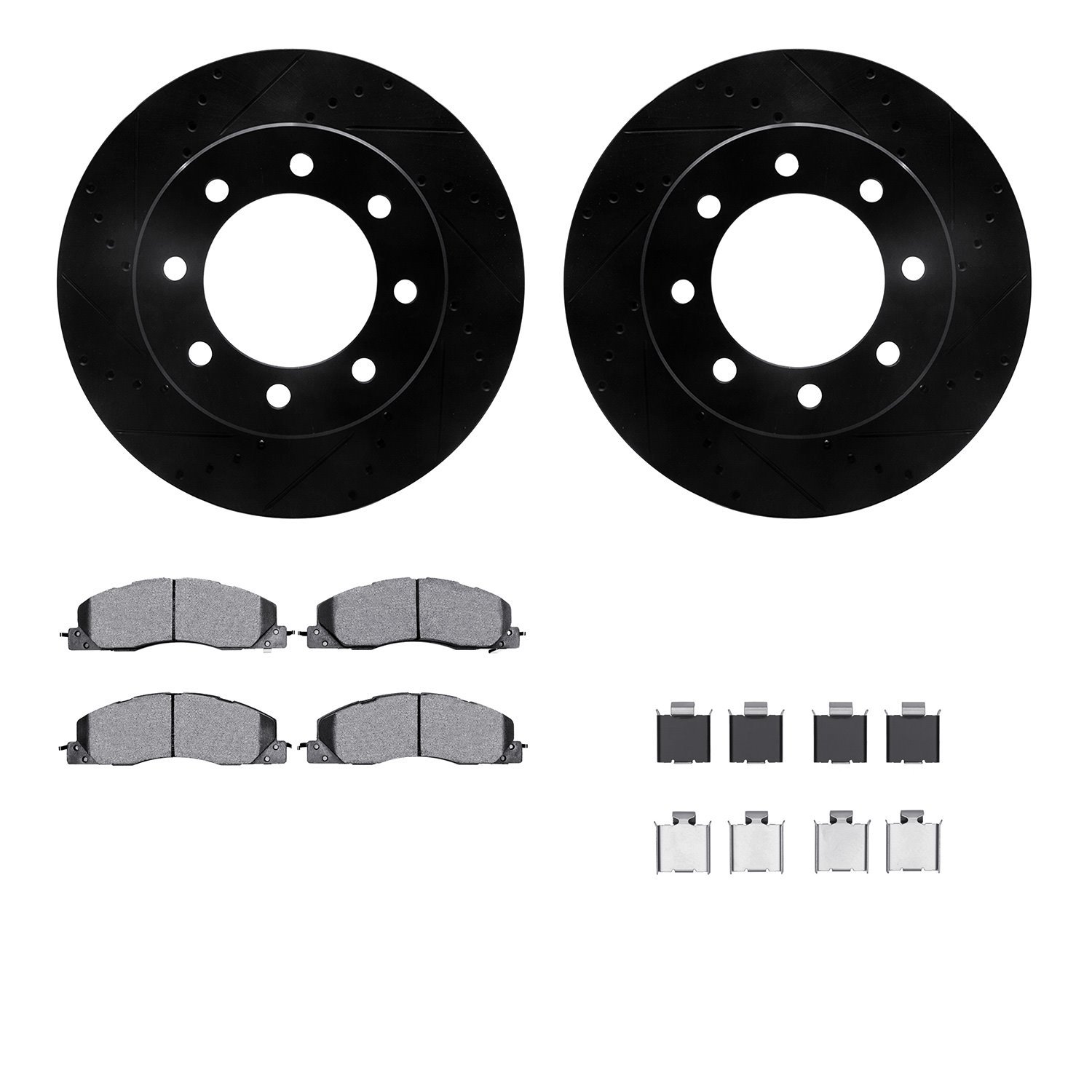 8512-40486 Drilled/Slotted Brake Rotors w/5000 Advanced Brake Pads Kit & Hardware [Black], 2009-2018 Mopar, Position: Front