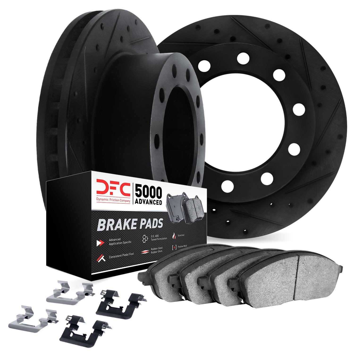 8512-40507 Drilled/Slotted Brake Rotors w/5000 Advanced Brake Pads Kit & Hardware [Black], 2005-2017 Multiple Makes/Models, Posi