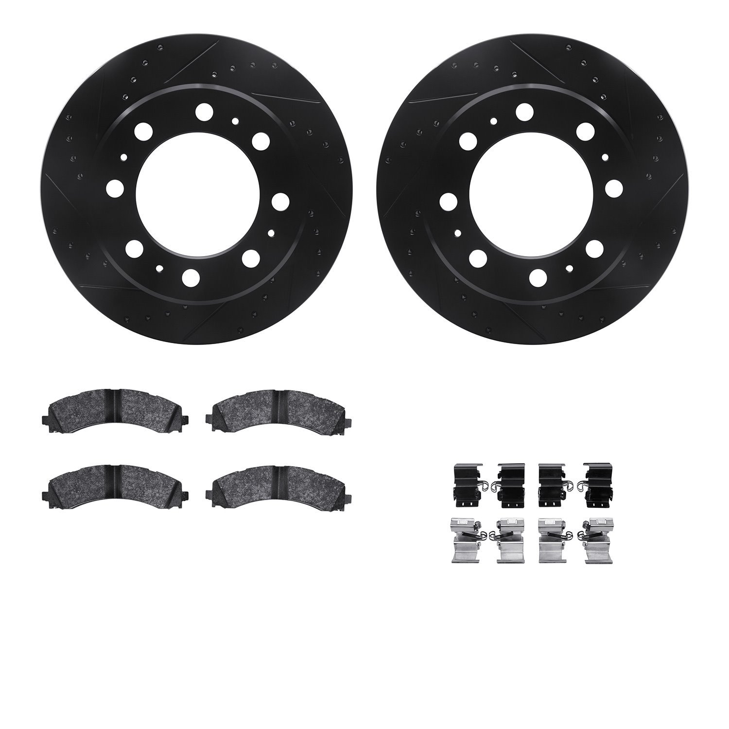 8512-40517 Drilled/Slotted Brake Rotors w/5000 Advanced Brake Pads Kit & Hardware [Black], Fits Select Mopar, Position: Rear