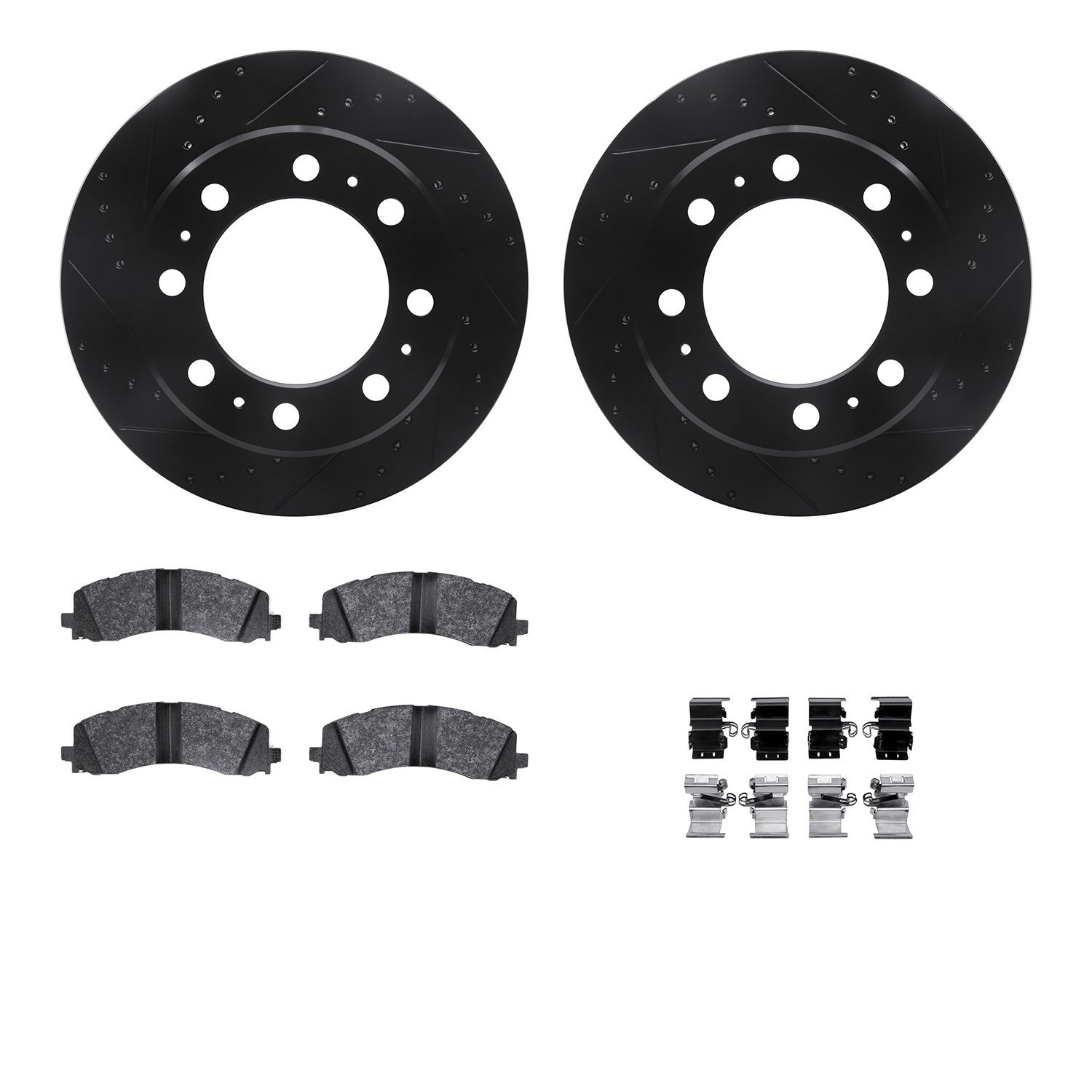 8512-40518 Drilled/Slotted Brake Rotors w/5000 Advanced Brake Pads Kit & Hardware [Black], Fits Select Mopar, Position: Rear