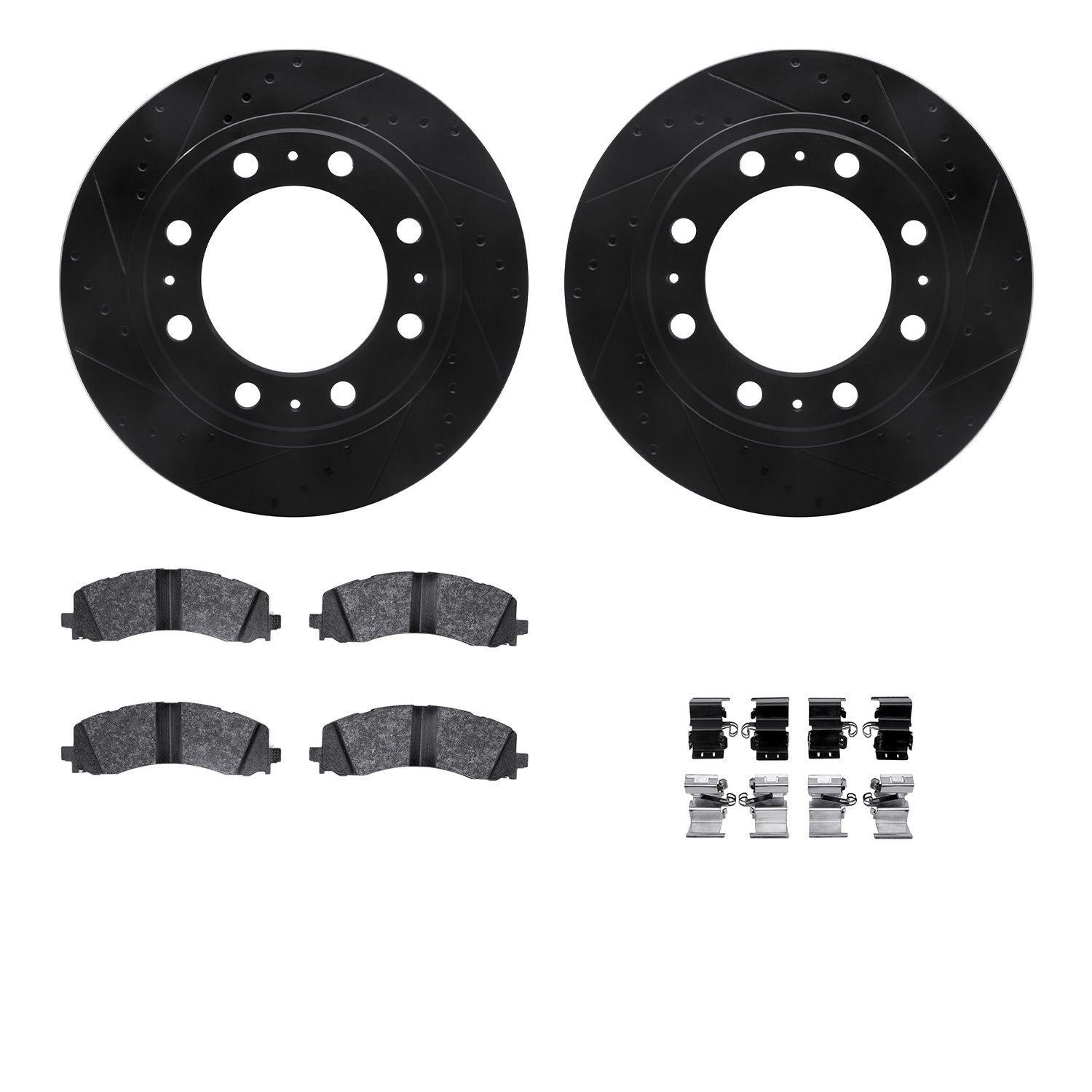 8512-40532 Drilled/Slotted Brake Rotors w/5000 Advanced Brake Pads Kit & Hardware [Black], Fits Select Mopar, Position: Rear