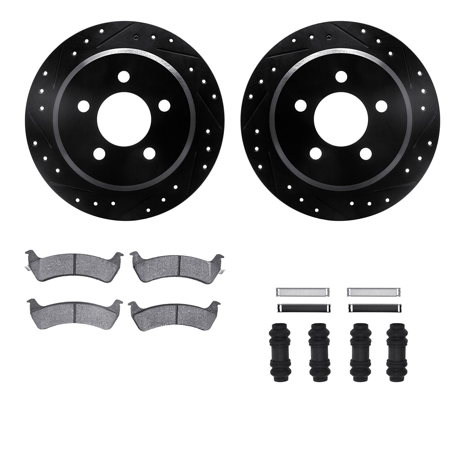 8512-42017 Drilled/Slotted Brake Rotors w/5000 Advanced Brake Pads Kit & Hardware [Black], 1993-1994 Mopar, Position: Rear