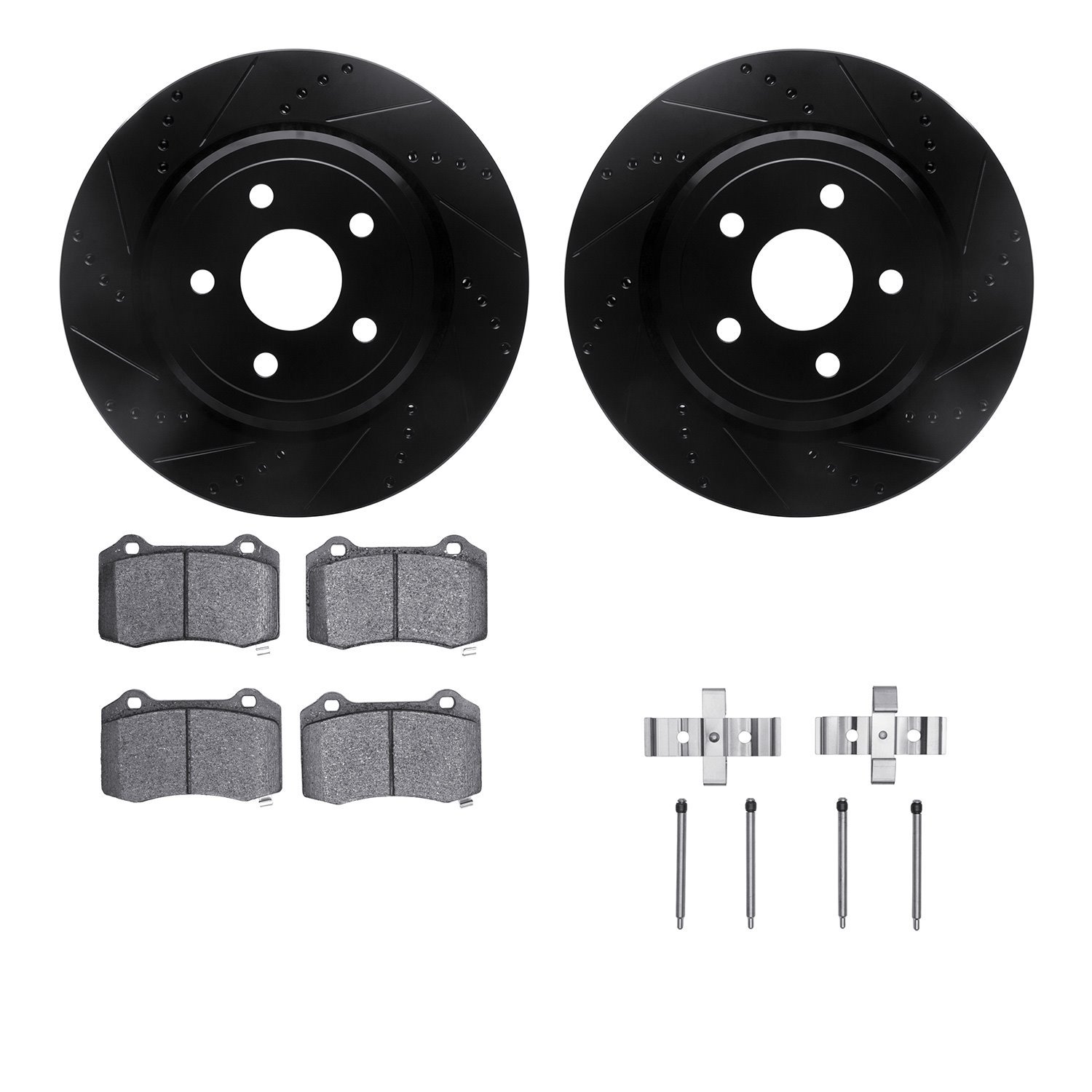 8512-42025 Drilled/Slotted Brake Rotors w/5000 Advanced Brake Pads Kit & Hardware [Black], Fits Select Mopar, Position: Rear
