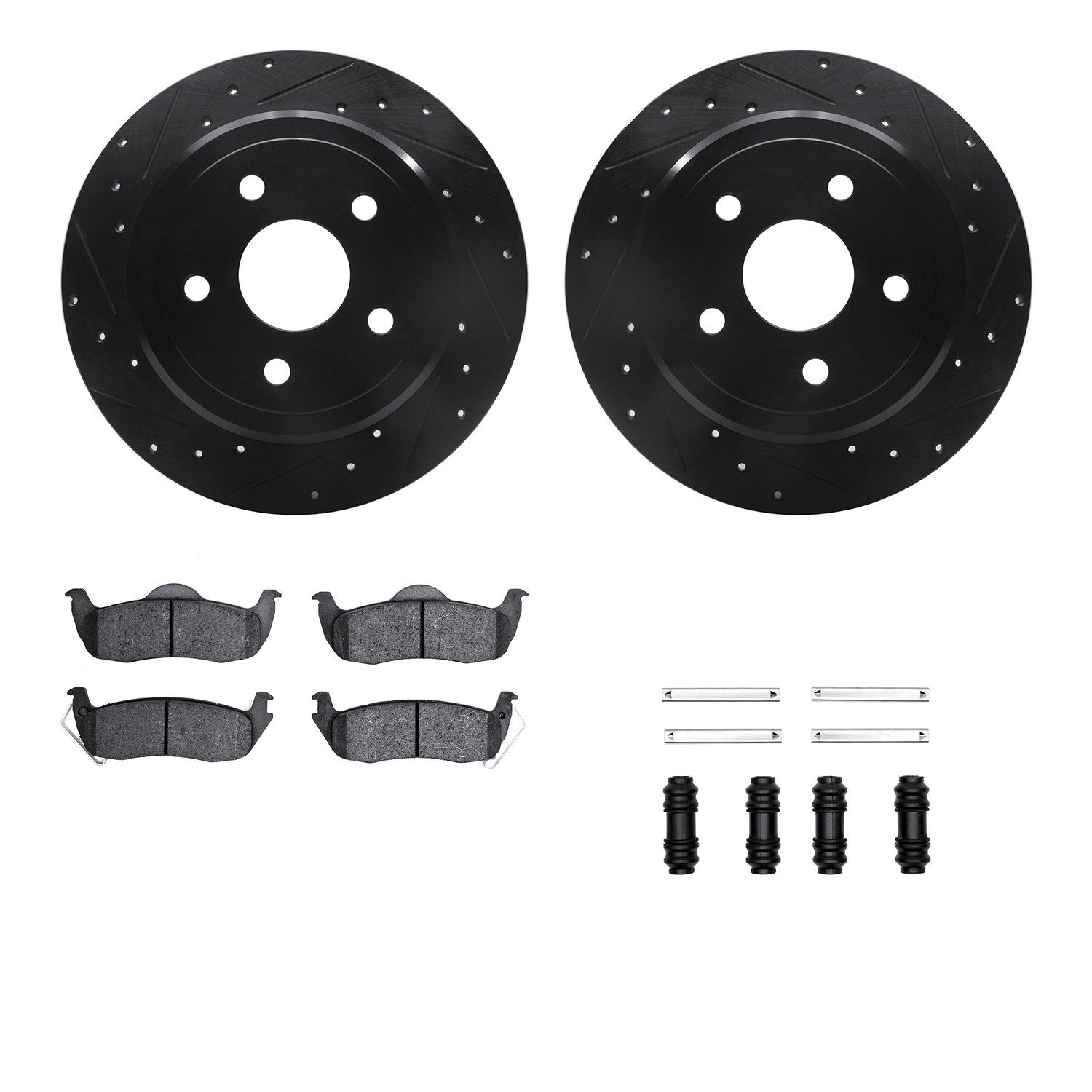 8512-42028 Drilled/Slotted Brake Rotors w/5000 Advanced Brake Pads Kit & Hardware [Black], 2005-2010 Mopar, Position: Rear