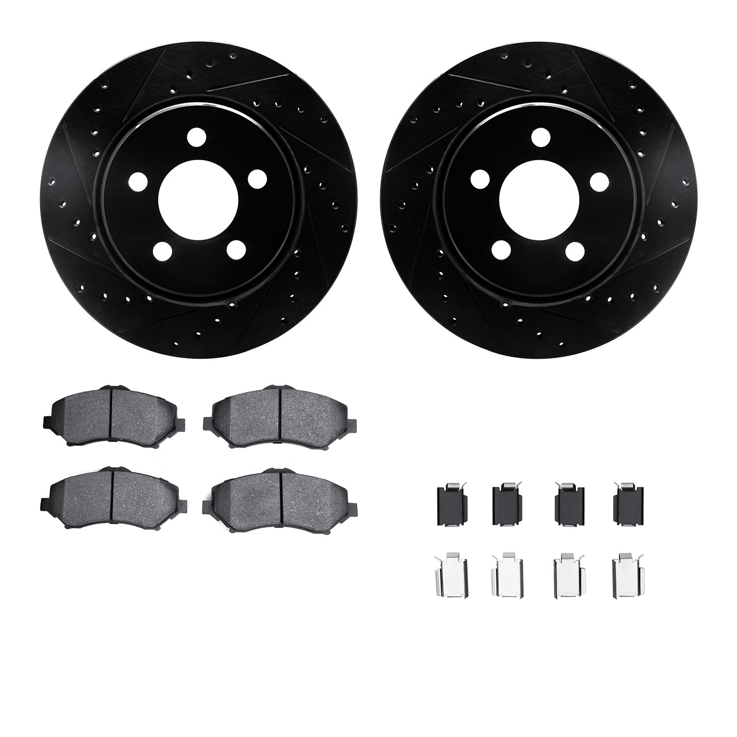 8512-42030 Drilled/Slotted Brake Rotors w/5000 Advanced Brake Pads Kit & Hardware [Black], 2007-2012 Mopar, Position: Front