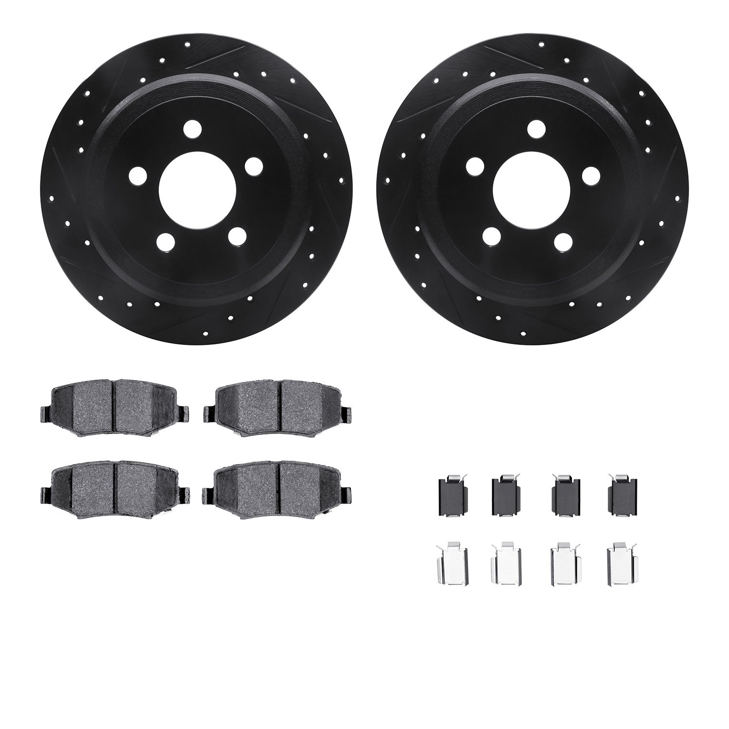 8512-42034 Drilled/Slotted Brake Rotors w/5000 Advanced Brake Pads Kit & Hardware [Black], 2007-2012 Mopar, Position: Rear