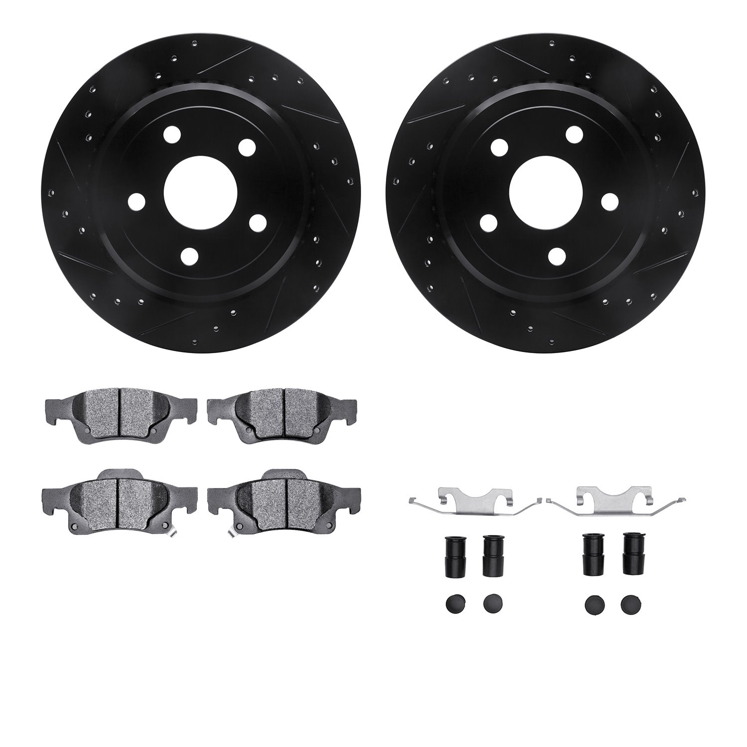 8512-42038 Drilled/Slotted Brake Rotors w/5000 Advanced Brake Pads Kit & Hardware [Black], Fits Select Mopar, Position: Rear