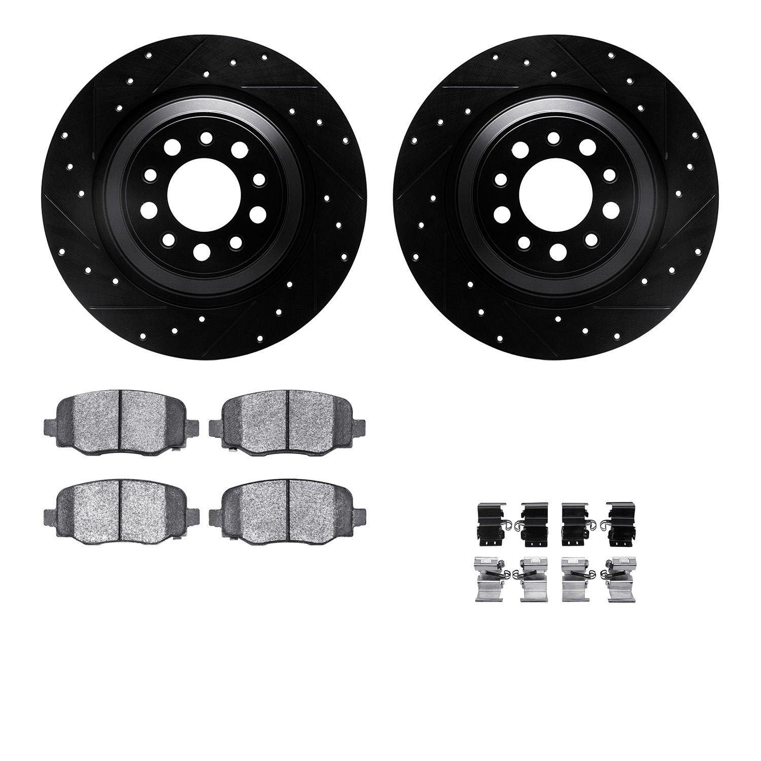 8512-42044 Drilled/Slotted Brake Rotors w/5000 Advanced Brake Pads Kit & Hardware [Black], Fits Select Mopar, Position: Rear