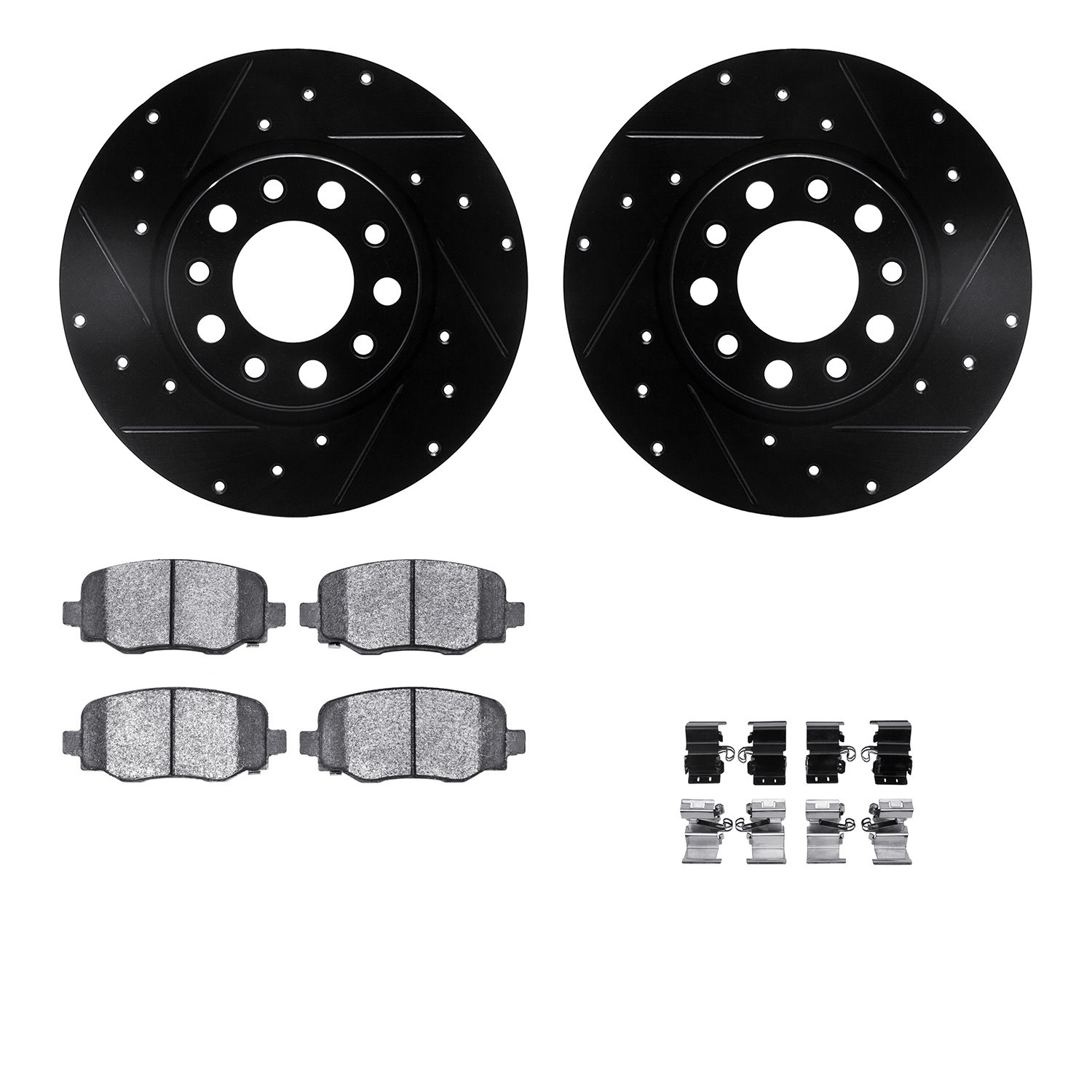 8512-42045 Drilled/Slotted Brake Rotors w/5000 Advanced Brake Pads Kit & Hardware [Black], Fits Select Mopar, Position: Rear