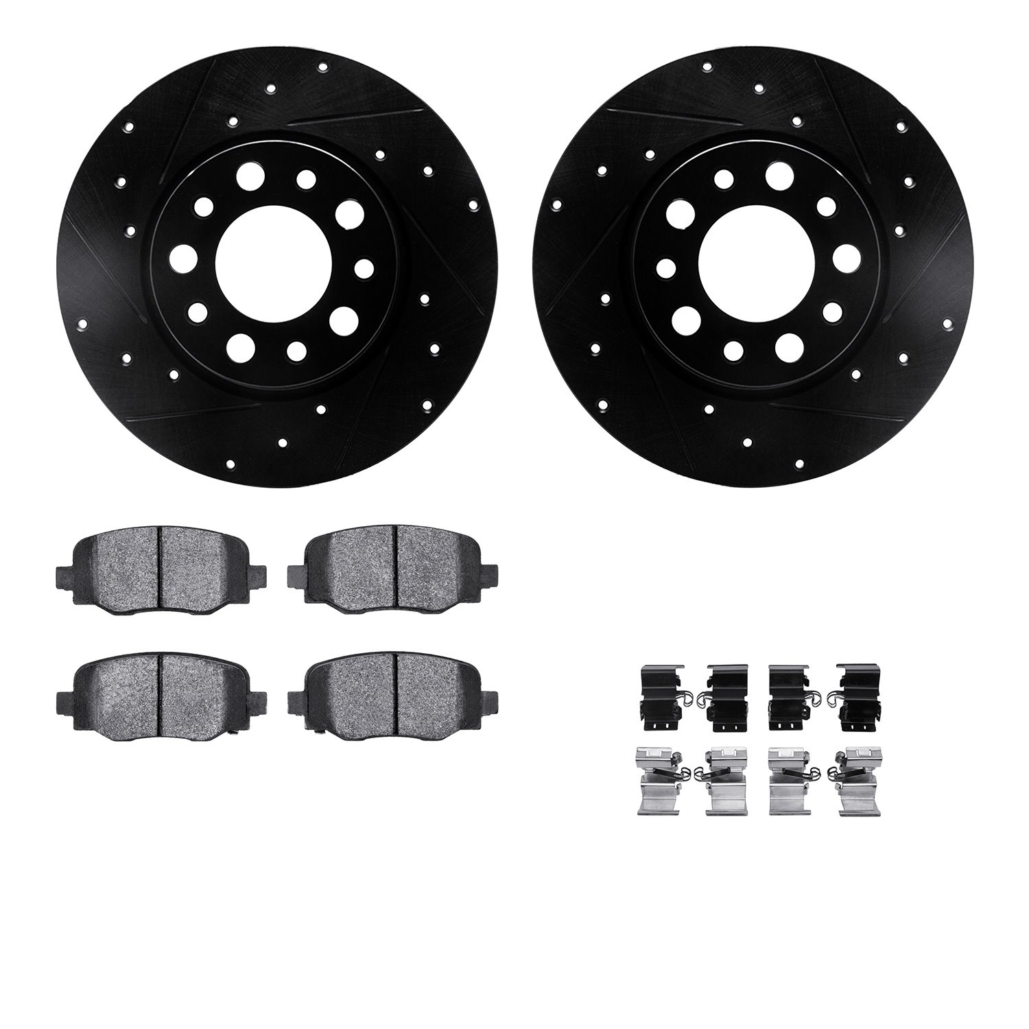 8512-42046 Drilled/Slotted Brake Rotors w/5000 Advanced Brake Pads Kit & Hardware [Black], Fits Select Mopar, Position: Rear