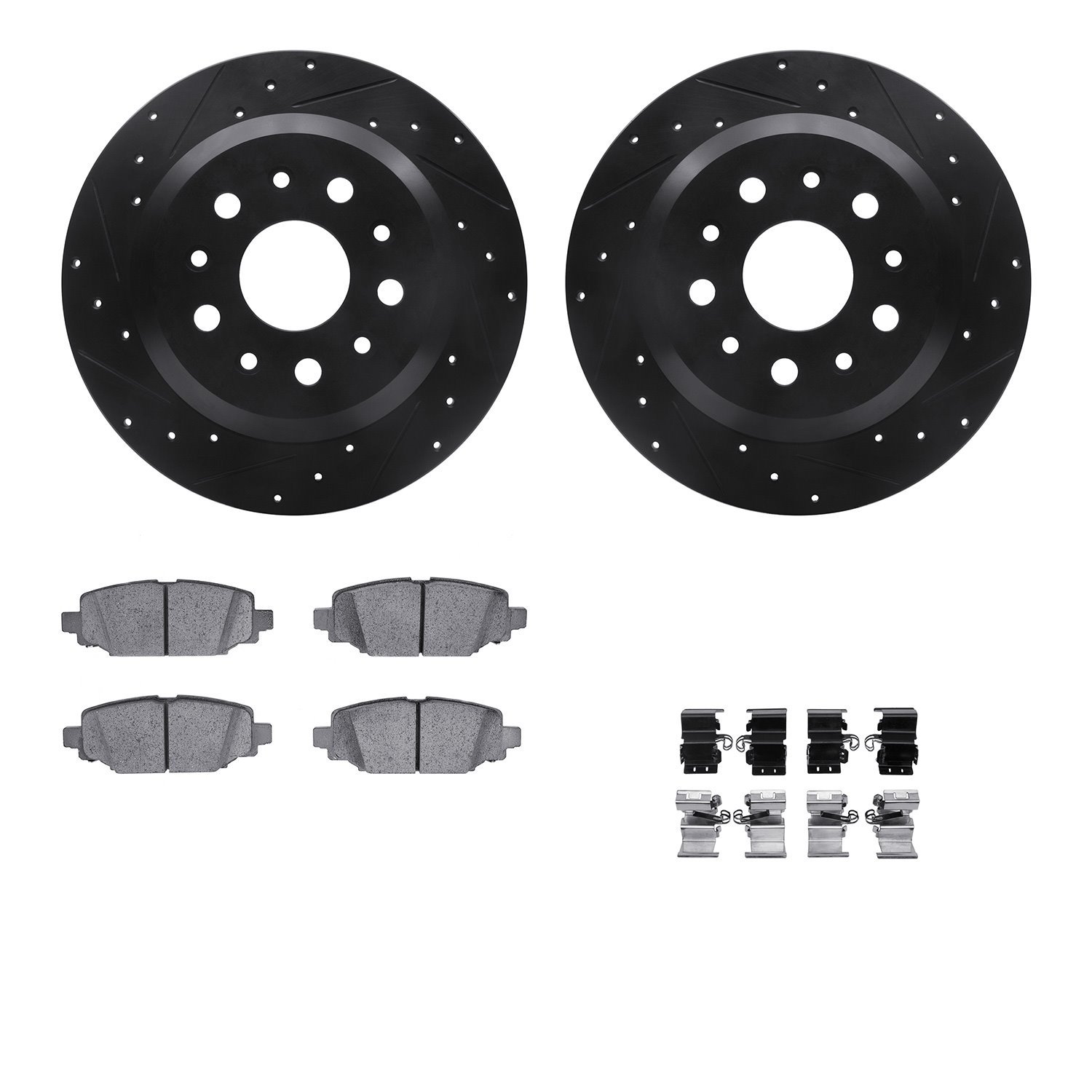 8512-42063 Drilled/Slotted Brake Rotors w/5000 Advanced Brake Pads Kit & Hardware [Black], Fits Select Mopar, Position: Rear