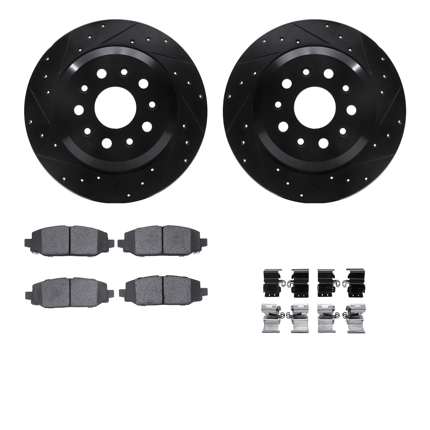 8512-42064 Drilled/Slotted Brake Rotors w/5000 Advanced Brake Pads Kit & Hardware [Black], Fits Select Mopar, Position: Rear