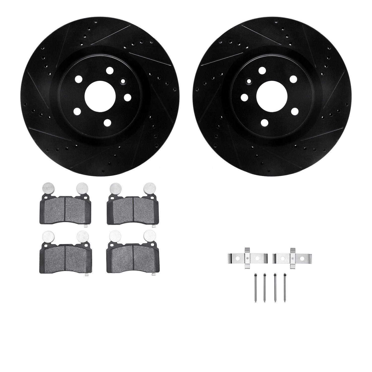 8512-45014 Drilled/Slotted Brake Rotors w/5000 Advanced Brake Pads Kit & Hardware [Black], 2010-2015 GM, Position: Front