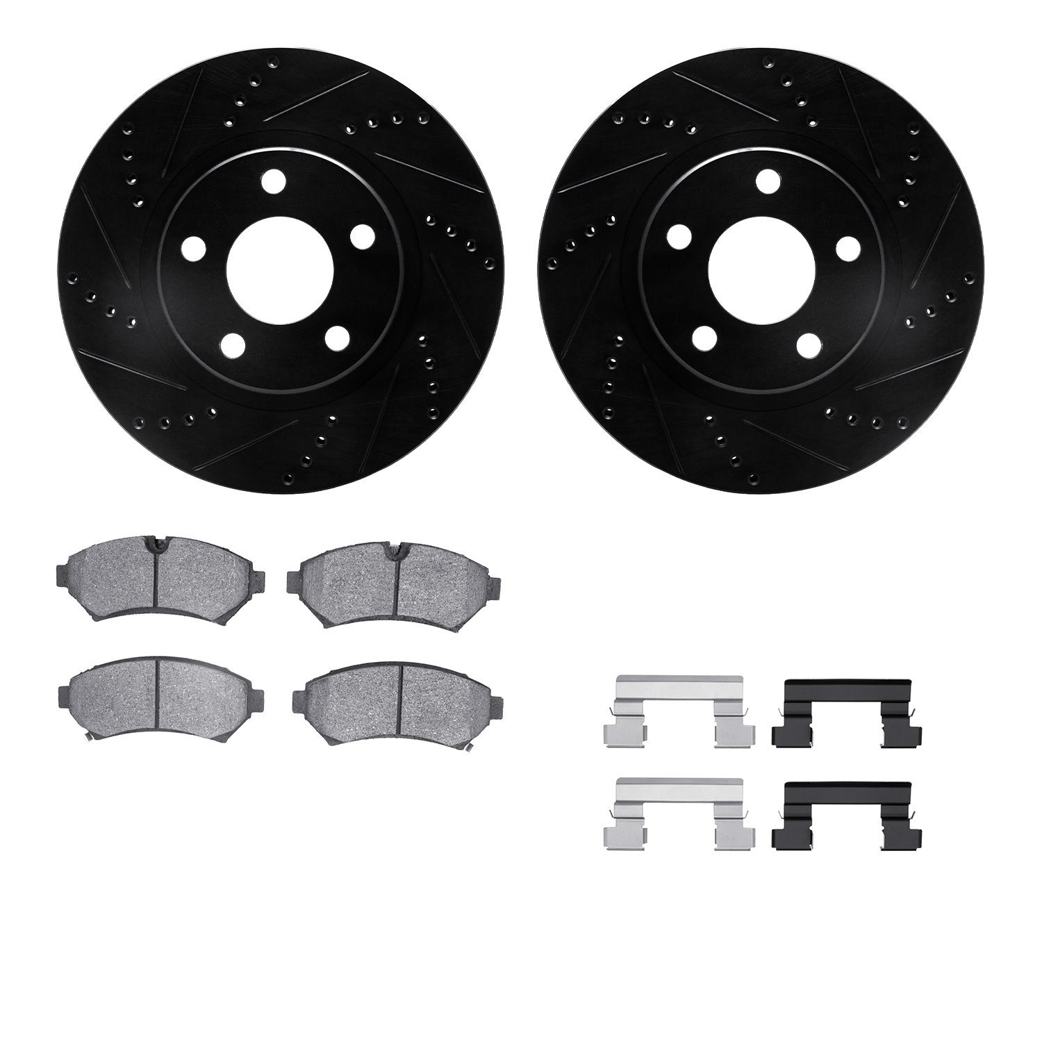 8512-45075 Drilled/Slotted Brake Rotors w/5000 Advanced Brake Pads Kit & Hardware [Black], 1998-2002 GM, Position: Front