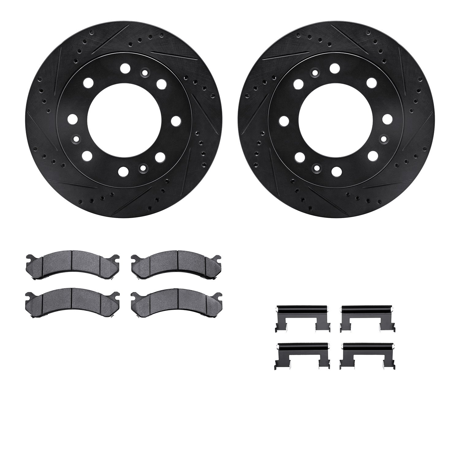 8512-46017 Drilled/Slotted Brake Rotors w/5000 Advanced Brake Pads Kit & Hardware [Black], 2006-2011 GM, Position: Front