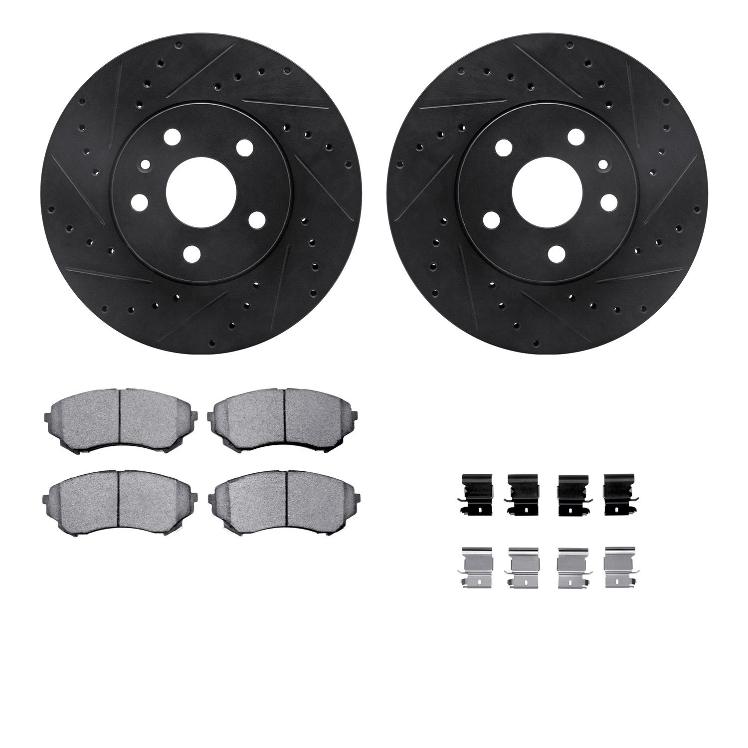 8512-46020 Drilled/Slotted Brake Rotors w/5000 Advanced Brake Pads Kit & Hardware [Black], 2014-2014 GM, Position: Front