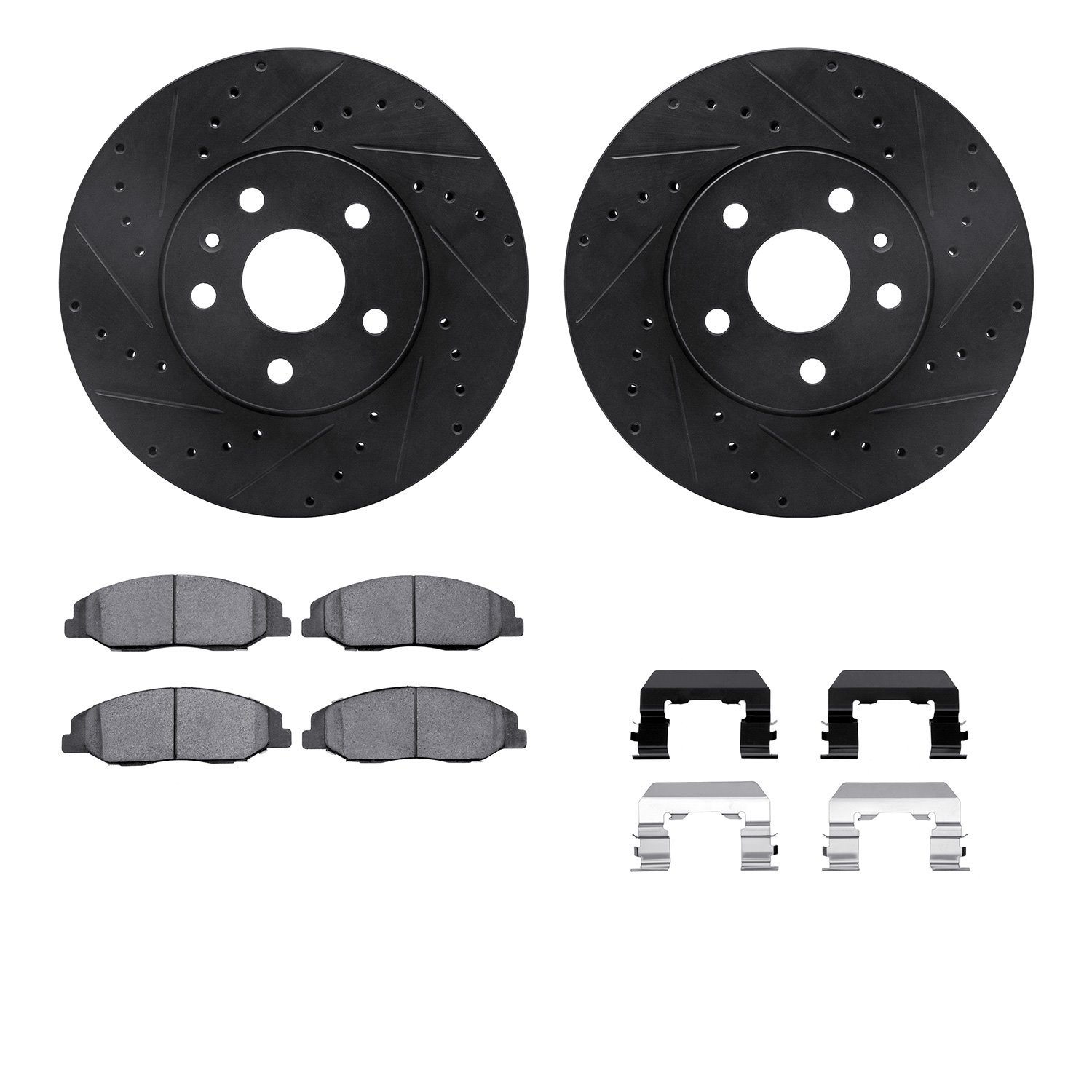 8512-46021 Drilled/Slotted Brake Rotors w/5000 Advanced Brake Pads Kit & Hardware [Black], 2008-2014 GM, Position: Front