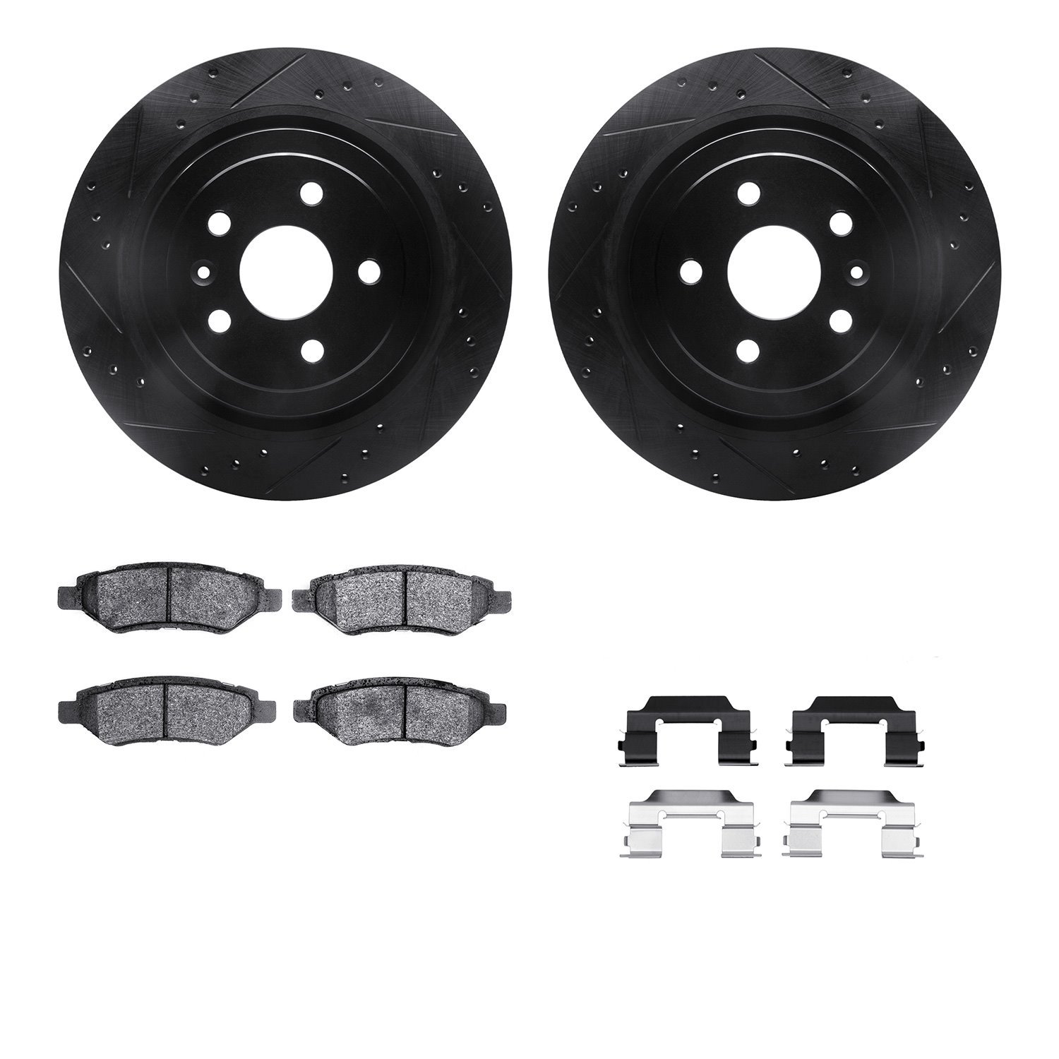 8512-46022 Drilled/Slotted Brake Rotors w/5000 Advanced Brake Pads Kit & Hardware [Black], 2008-2014 GM, Position: Rear
