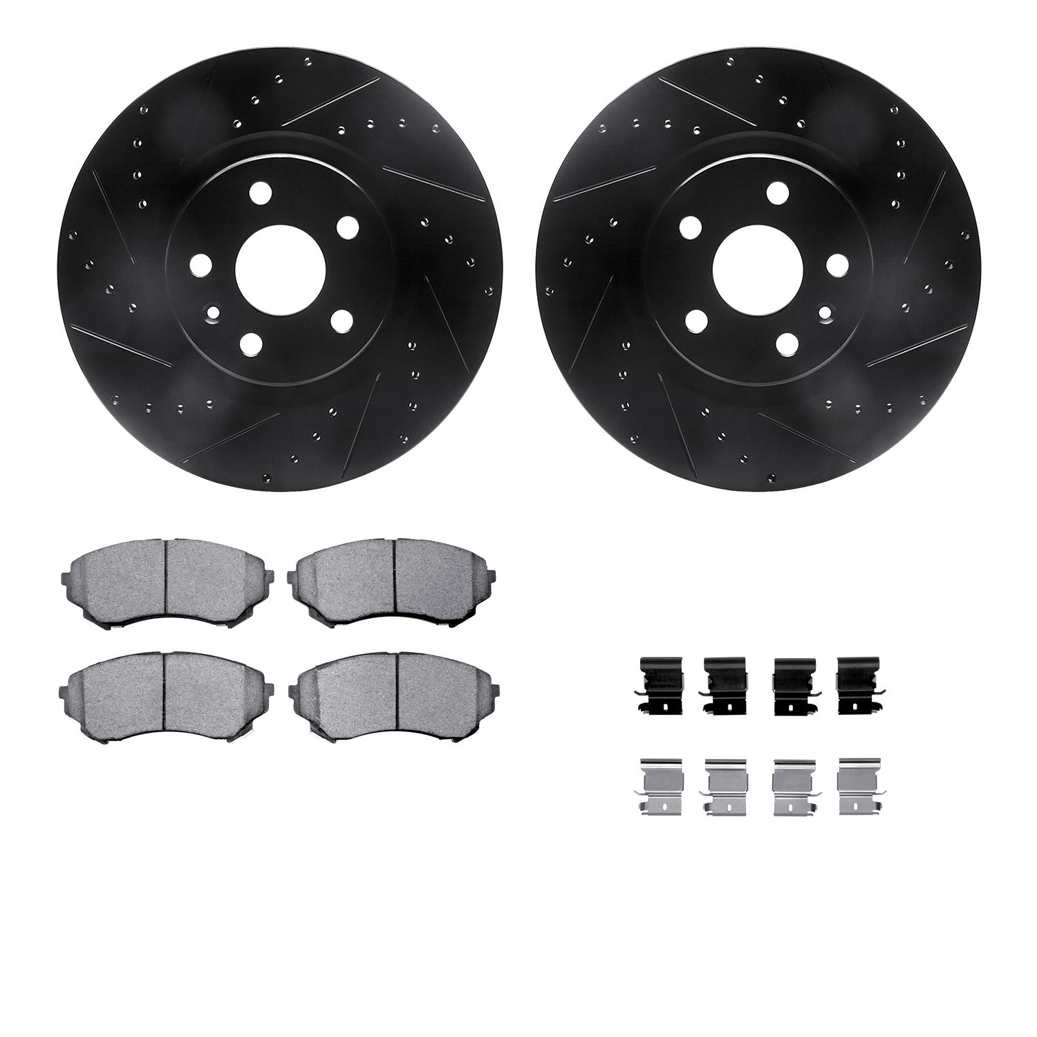 8512-46023 Drilled/Slotted Brake Rotors w/5000 Advanced Brake Pads Kit & Hardware [Black], 2008-2014 GM, Position: Front