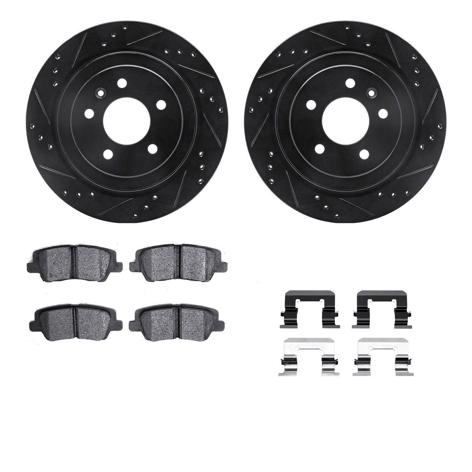 8512-46027 Drilled/Slotted Brake Rotors w/5000 Advanced Brake Pads Kit & Hardware [Black], 2013-2015 GM, Position: Rear