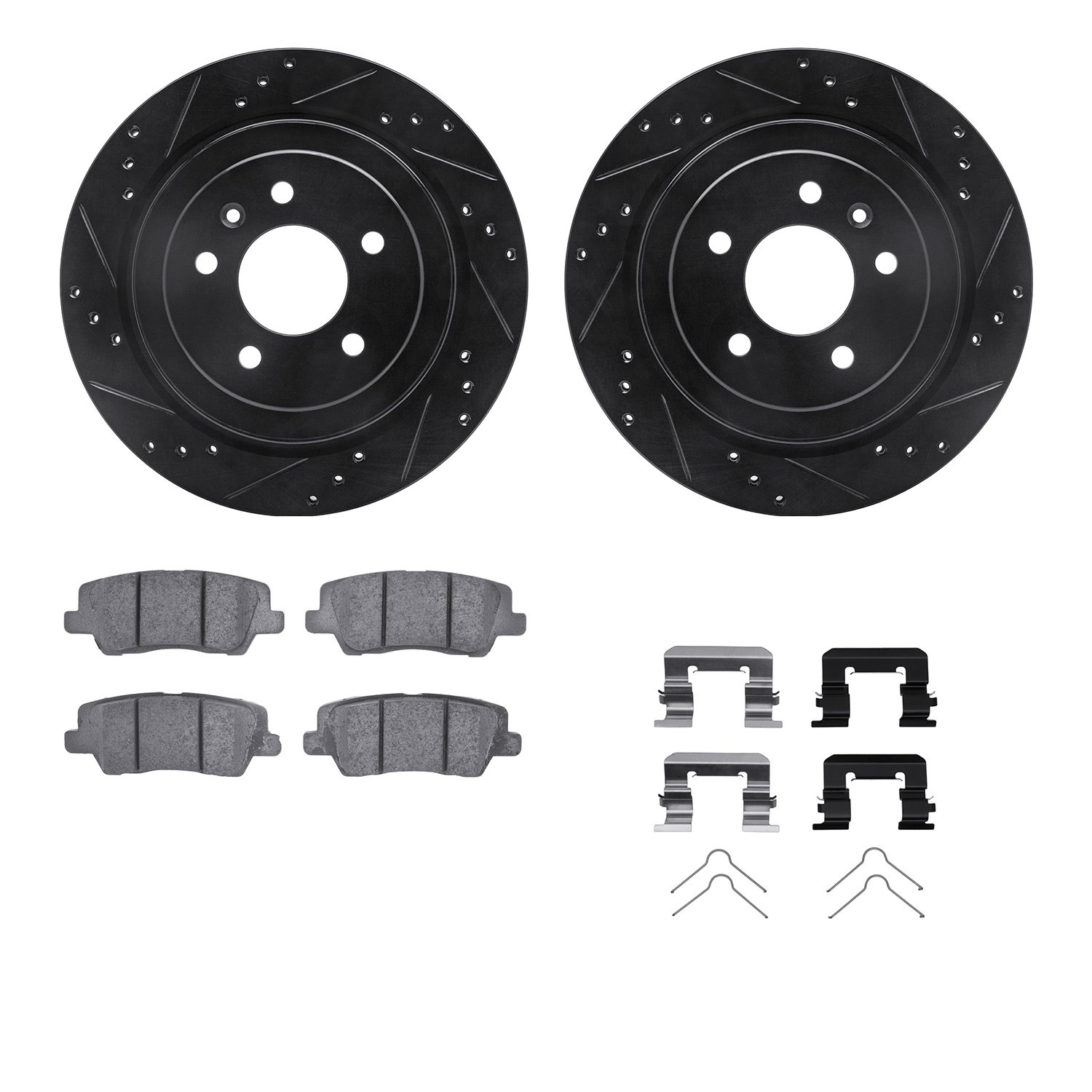 8512-46028 Drilled/Slotted Brake Rotors w/5000 Advanced Brake Pads Kit & Hardware [Black], 2013-2019 GM, Position: Rear