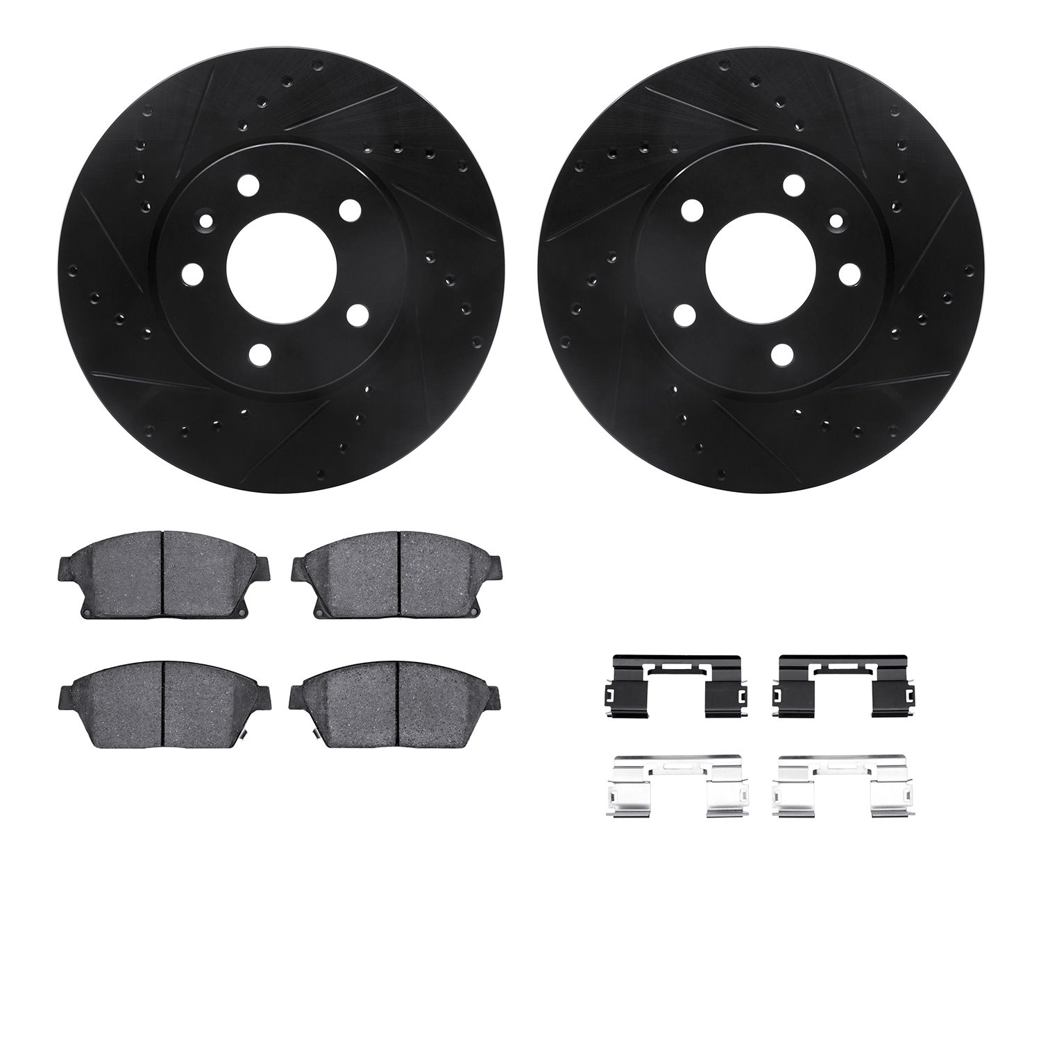 8512-46029 Drilled/Slotted Brake Rotors w/5000 Advanced Brake Pads Kit & Hardware [Black], 2013-2019 GM, Position: Front