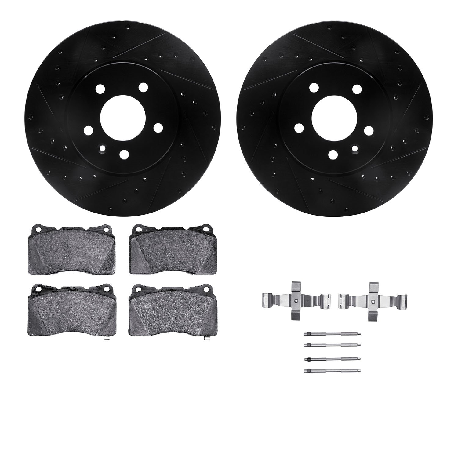 8512-46032 Drilled/Slotted Brake Rotors w/5000 Advanced Brake Pads Kit & Hardware [Black], 2013-2019 GM, Position: Front