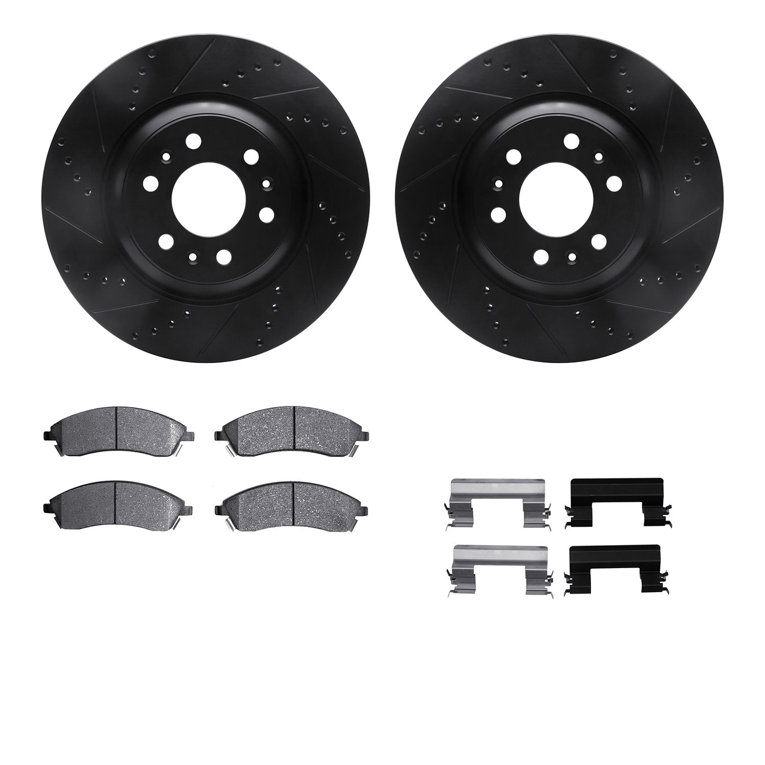 8512-46035 Drilled/Slotted Brake Rotors w/5000 Advanced Brake Pads Kit & Hardware [Black], 2004-2009 GM, Position: Front