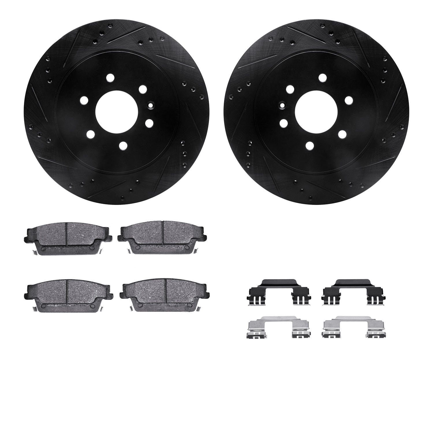 8512-46063 Drilled/Slotted Brake Rotors w/5000 Advanced Brake Pads Kit & Hardware [Black], 2004-2009 GM, Position: Rear