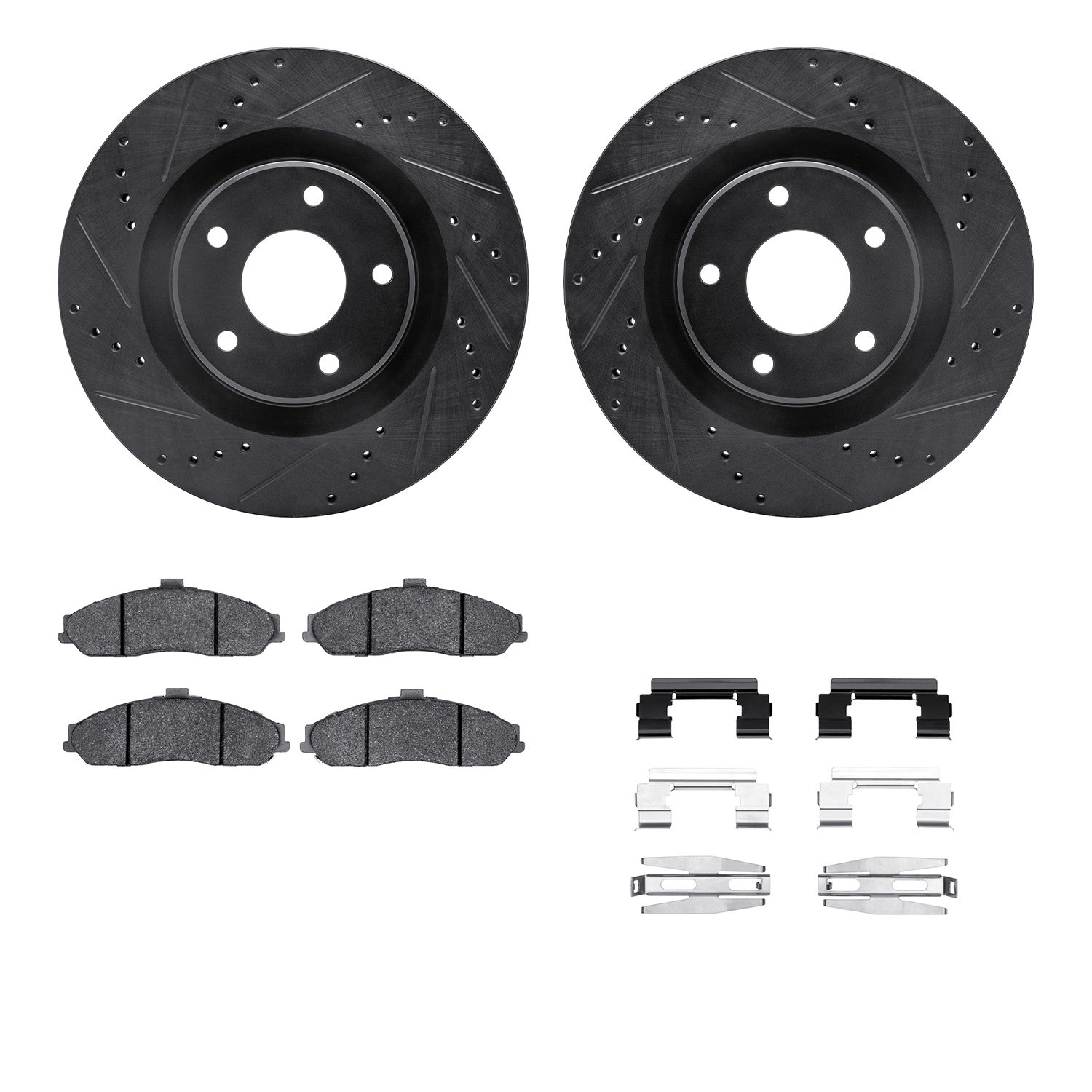 8512-46147 Drilled/Slotted Brake Rotors w/5000 Advanced Brake Pads Kit & Hardware [Black], 2011-2013 GM, Position: Front
