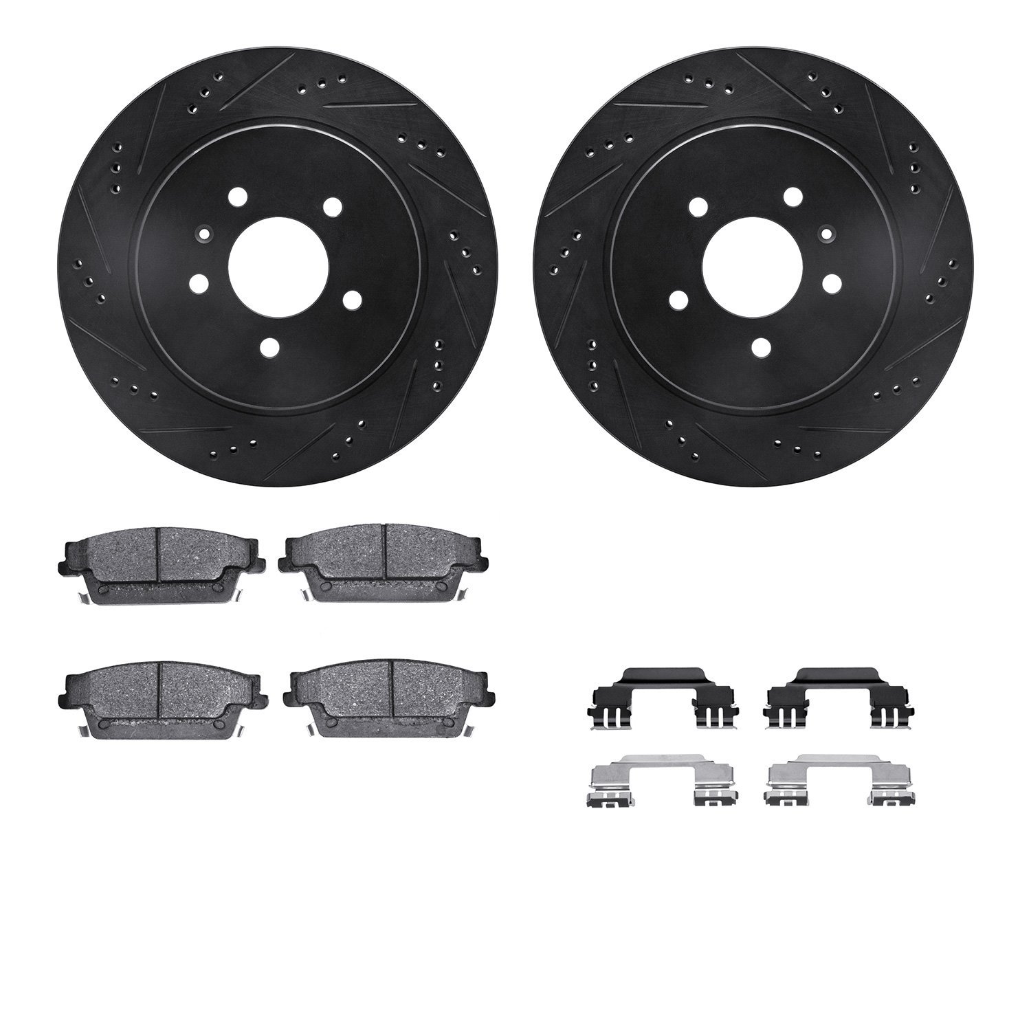 8512-46157 Drilled/Slotted Brake Rotors w/5000 Advanced Brake Pads Kit & Hardware [Black], 2005-2011 GM, Position: Rear