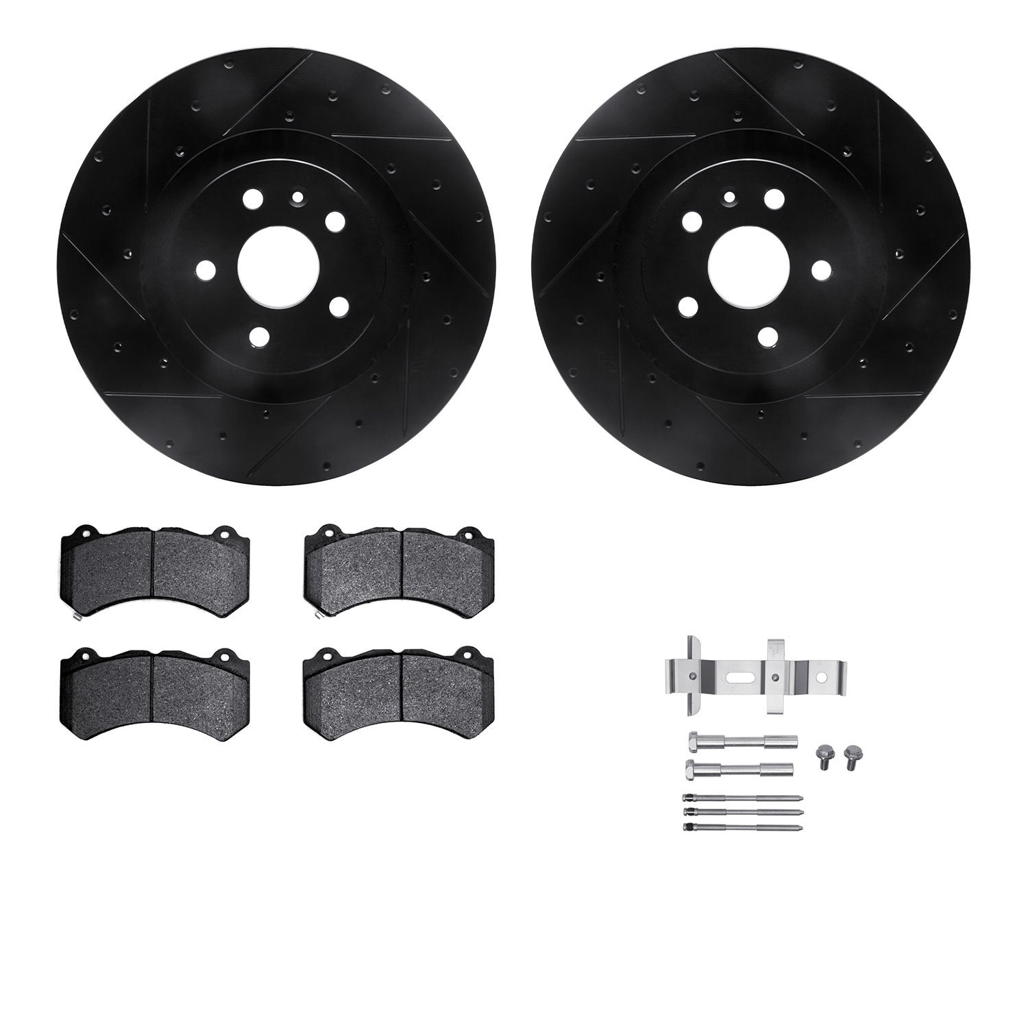 8512-46203 Drilled/Slotted Brake Rotors w/5000 Advanced Brake Pads Kit & Hardware [Black], 2009-2015 GM, Position: Front