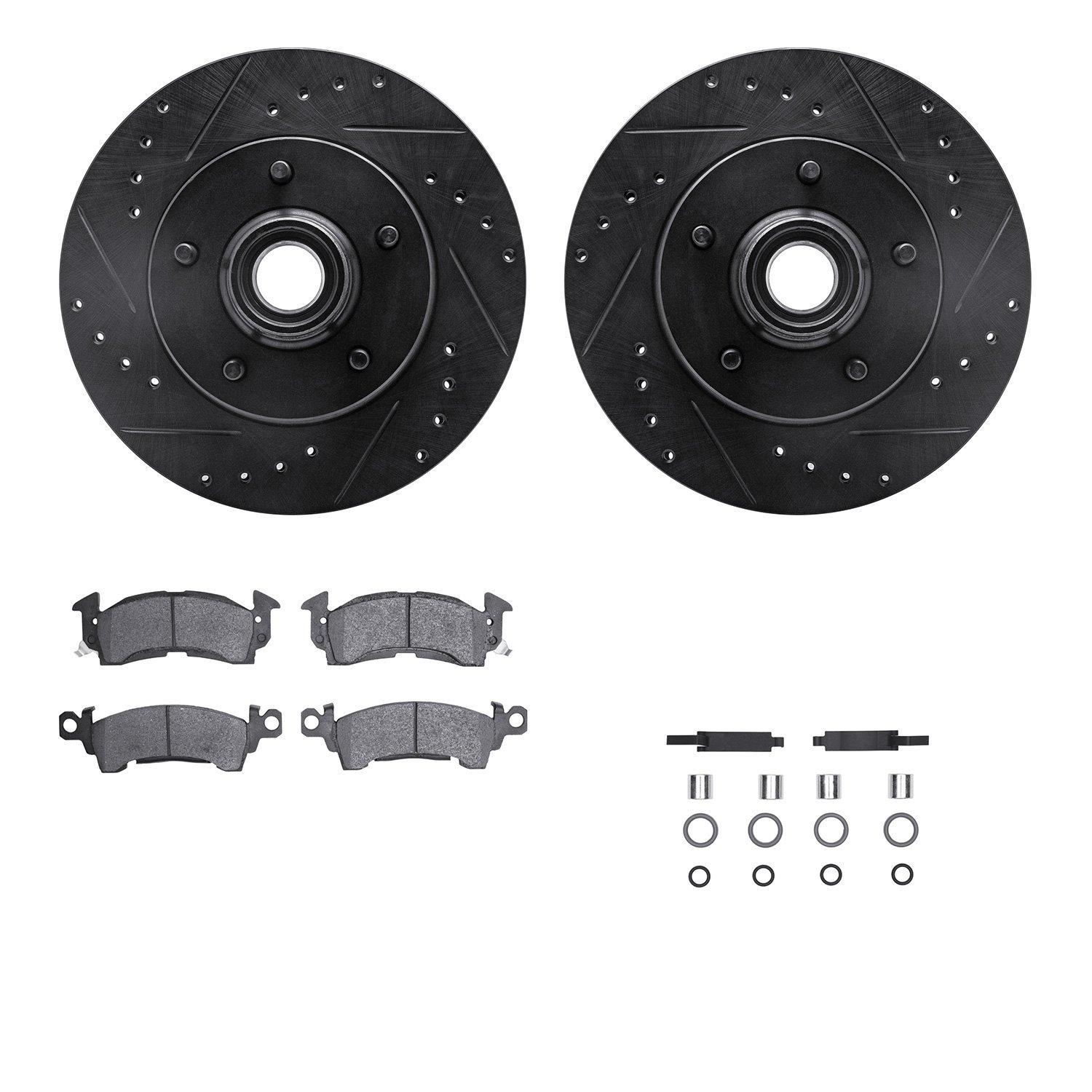 8512-47005 Drilled/Slotted Brake Rotors w/5000 Advanced Brake Pads Kit & Hardware [Black], 1970-1981 GM, Position: Front