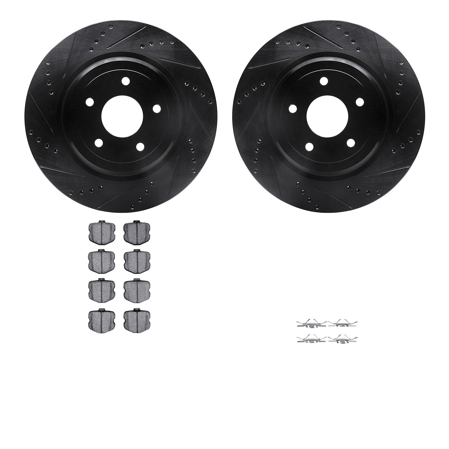 8512-47017 Drilled/Slotted Brake Rotors w/5000 Advanced Brake Pads Kit & Hardware [Black], 2006-2013 GM, Position: Rear