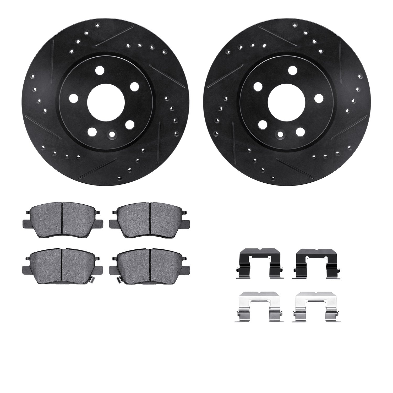 8512-47025 Drilled/Slotted Brake Rotors w/5000 Advanced Brake Pads Kit & Hardware [Black], Fits Select GM, Position: Front