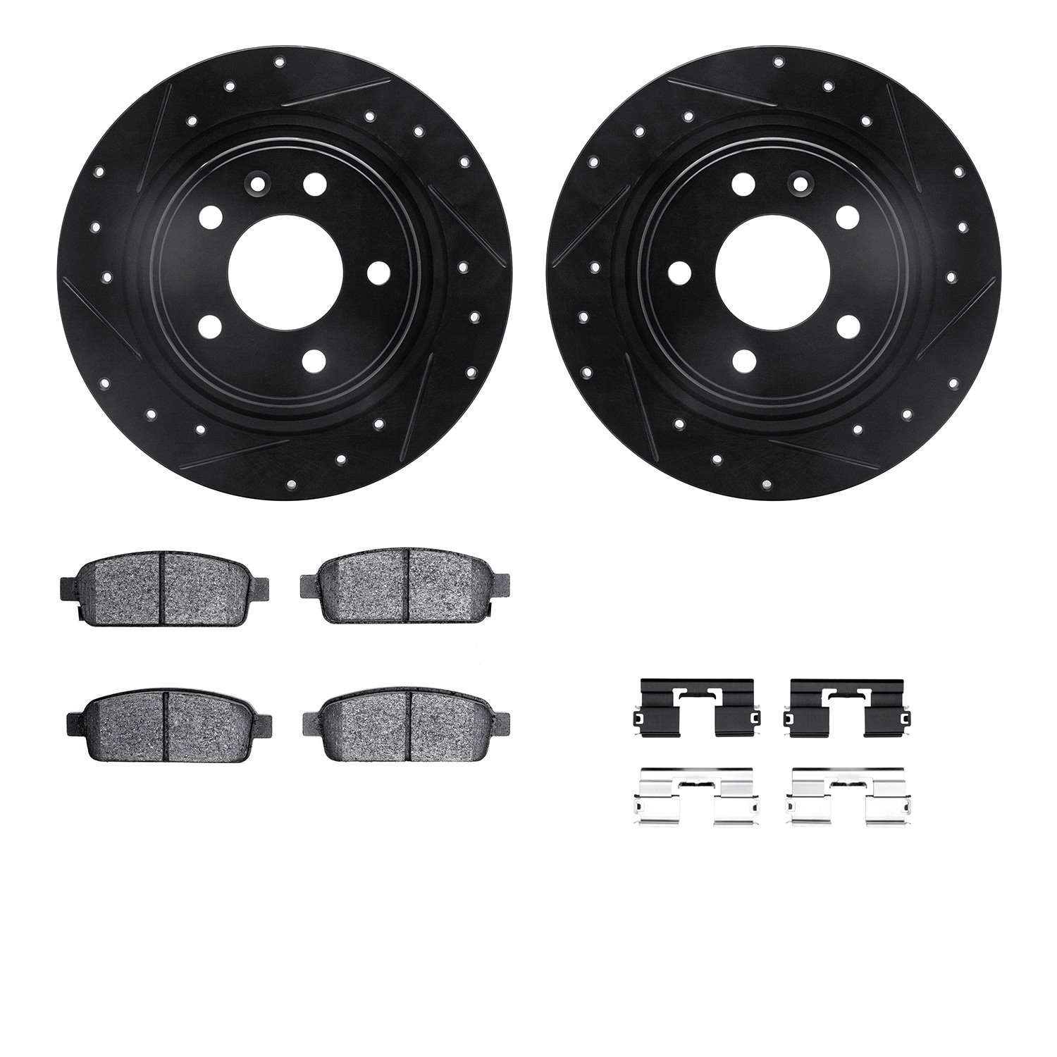 8512-47028 Drilled/Slotted Brake Rotors w/5000 Advanced Brake Pads Kit & Hardware [Black], 2011-2019 GM, Position: Rear