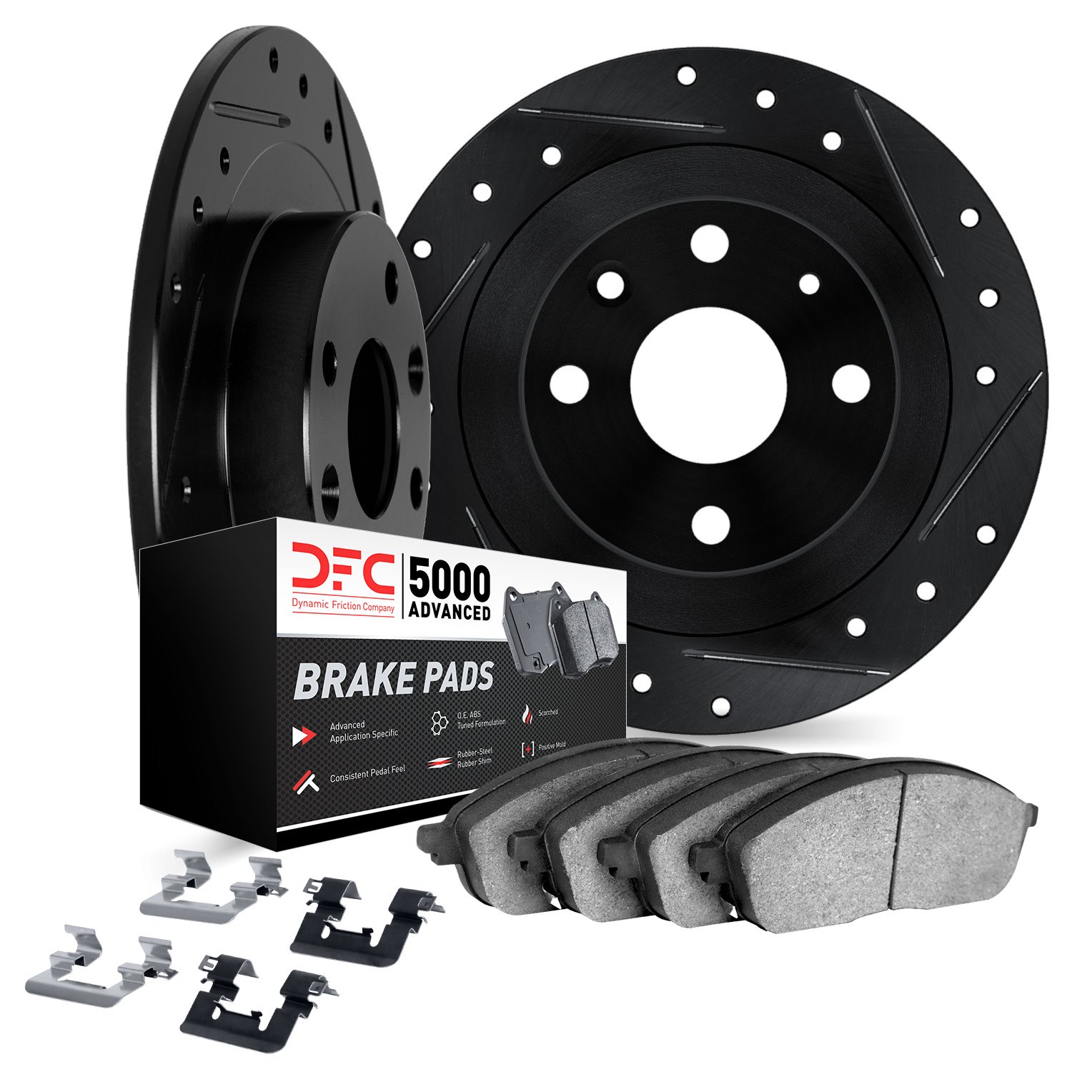 8512-47031 Drilled/Slotted Brake Rotors w/5000 Advanced Brake Pads Kit & Hardware [Black], 2014-2016 GM, Position: Rear