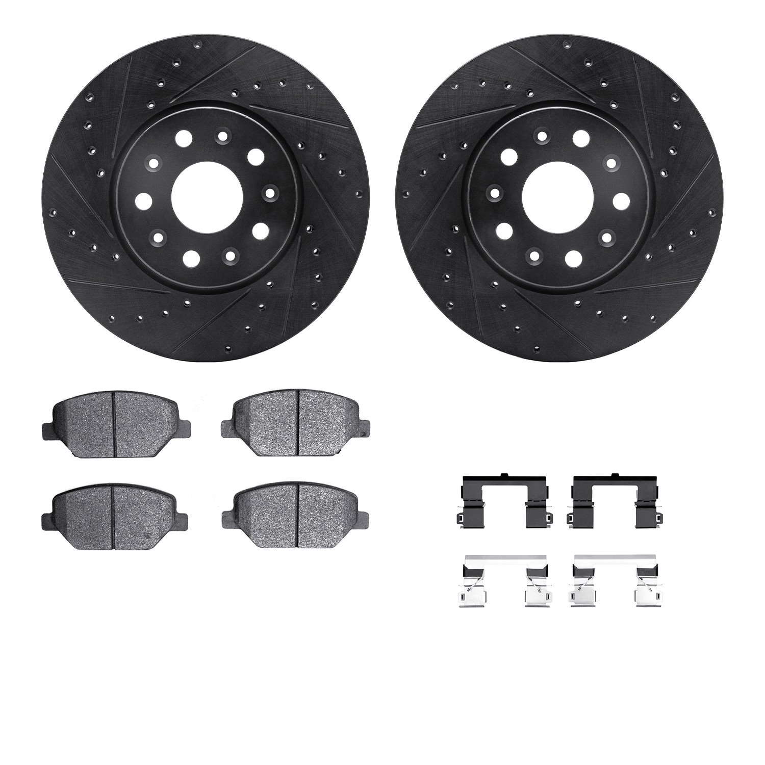 8512-47037 Drilled/Slotted Brake Rotors w/5000 Advanced Brake Pads Kit & Hardware [Black], 2016-2020 GM, Position: Front