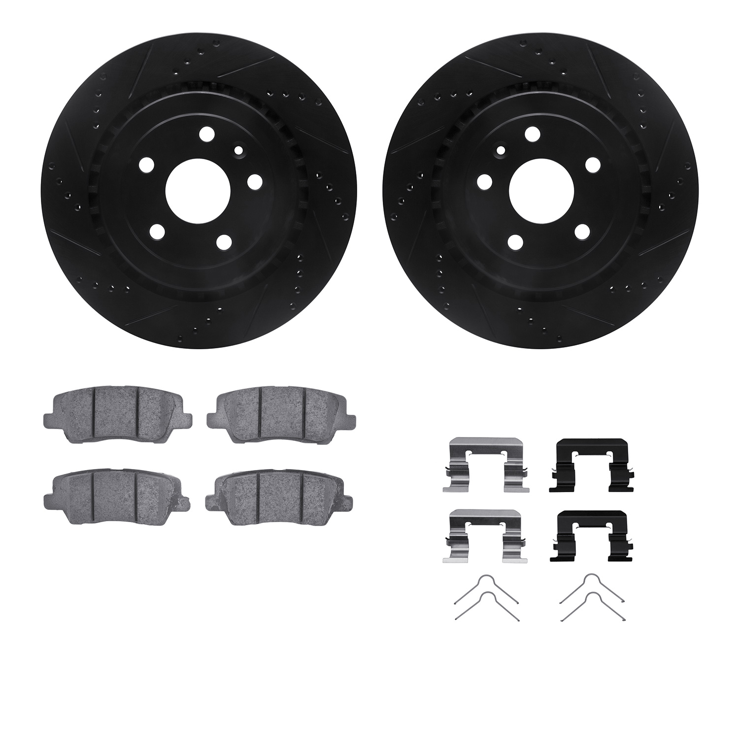 8512-47049 Drilled/Slotted Brake Rotors w/5000 Advanced Brake Pads Kit & Hardware [Black], 2015-2019 GM, Position: Rear