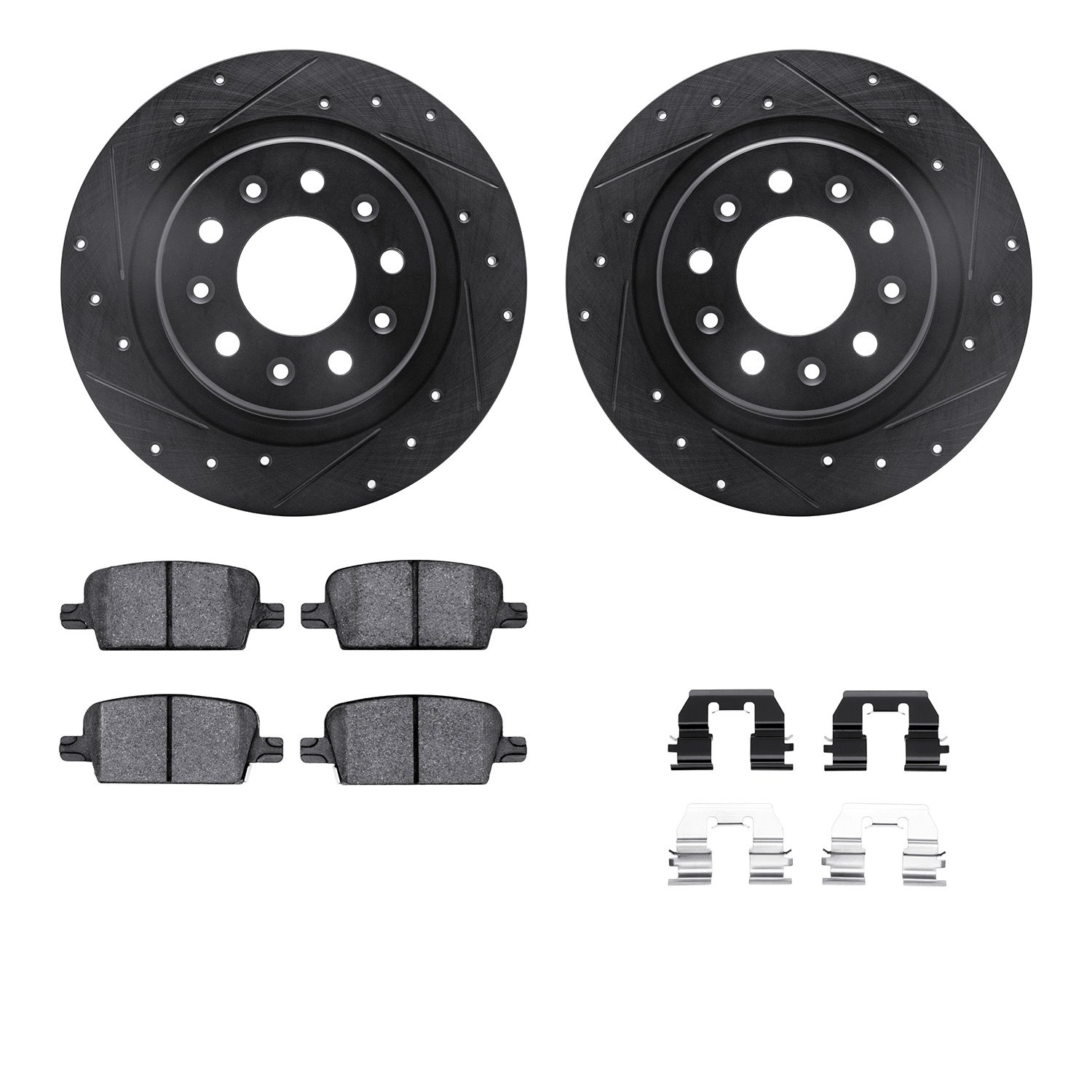 8512-47050 Drilled/Slotted Brake Rotors w/5000 Advanced Brake Pads Kit & Hardware [Black], Fits Select GM, Position: Rear